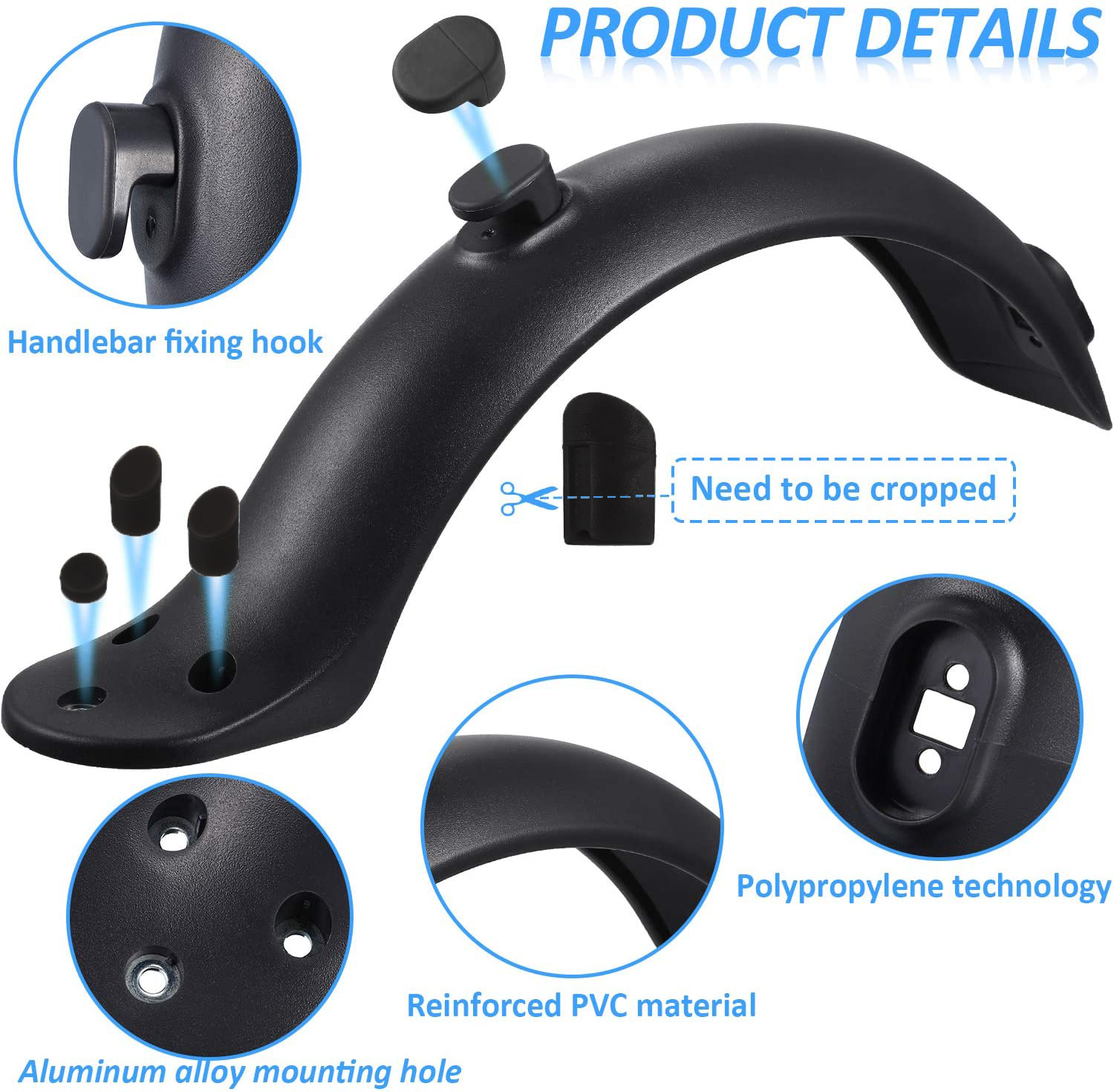 Czarny błotnik do skutera ze szczegółami: haczyk, otwór montażowy, materiał PVC i technologia polipropylenowa.