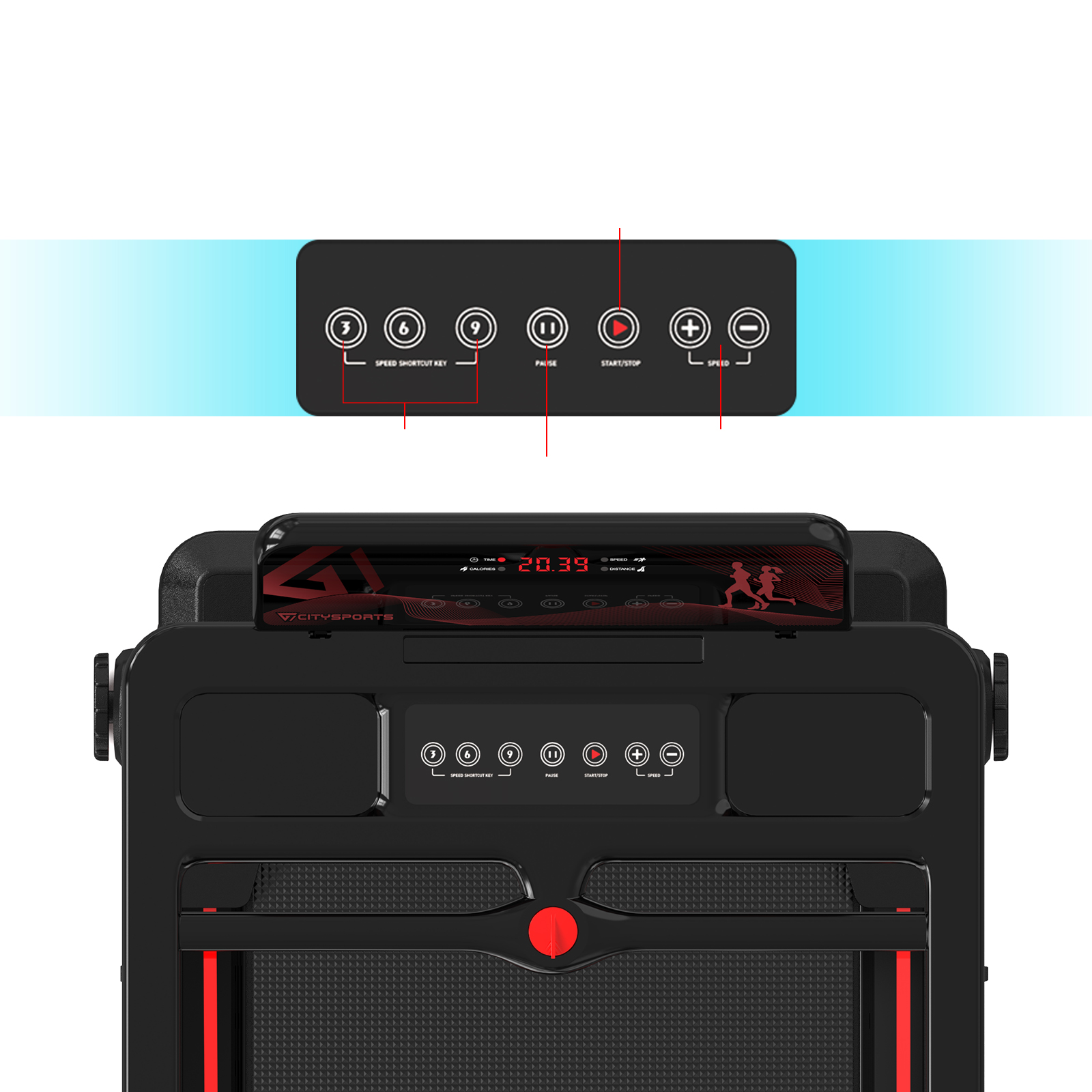 Widok z góry na czarny panel sterowania bieżni. Widoczne czerwone przyciski start/stop i prędkość.