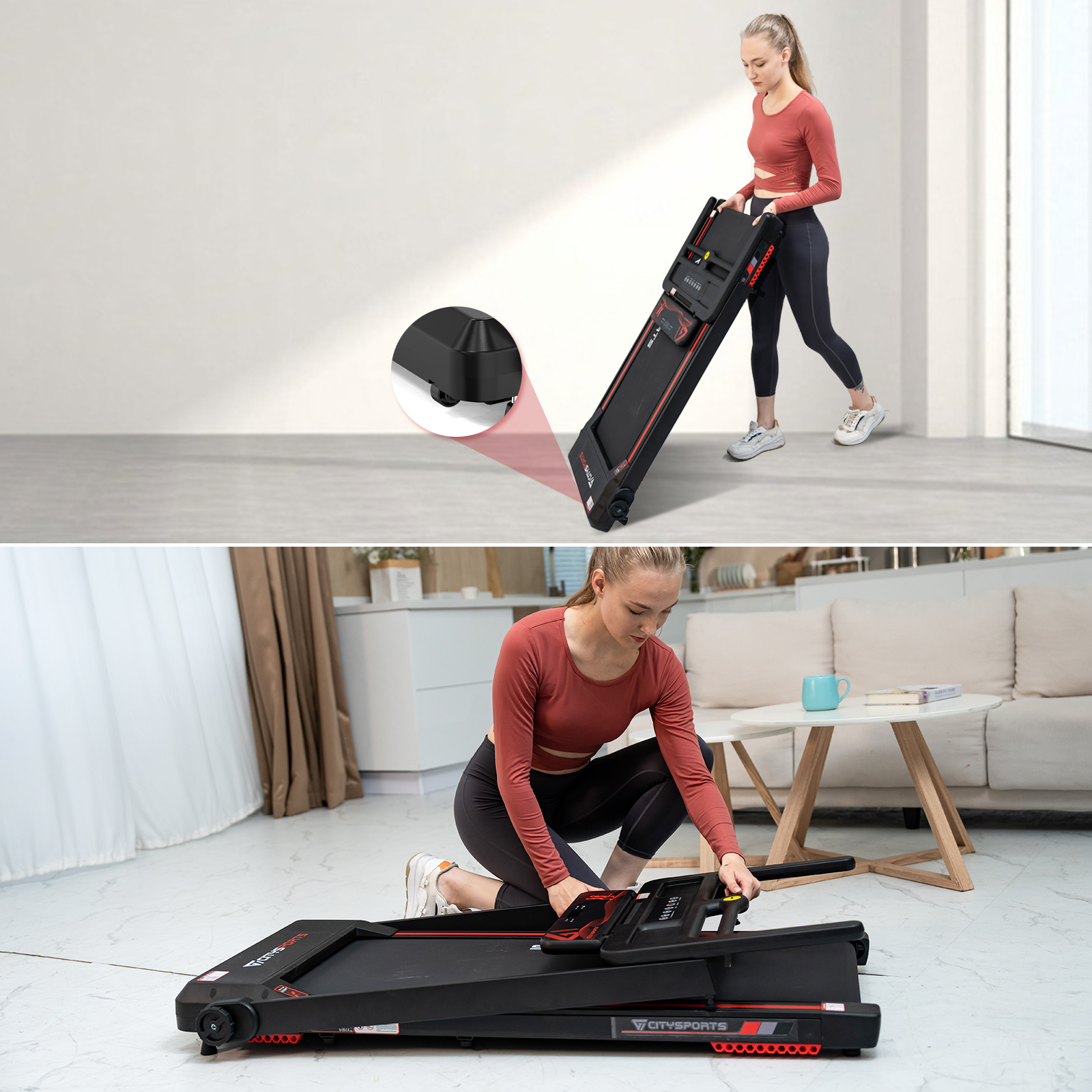 Dwa zdjęcia pokazujące kobietę składającą i montującą czarną bieżnię.