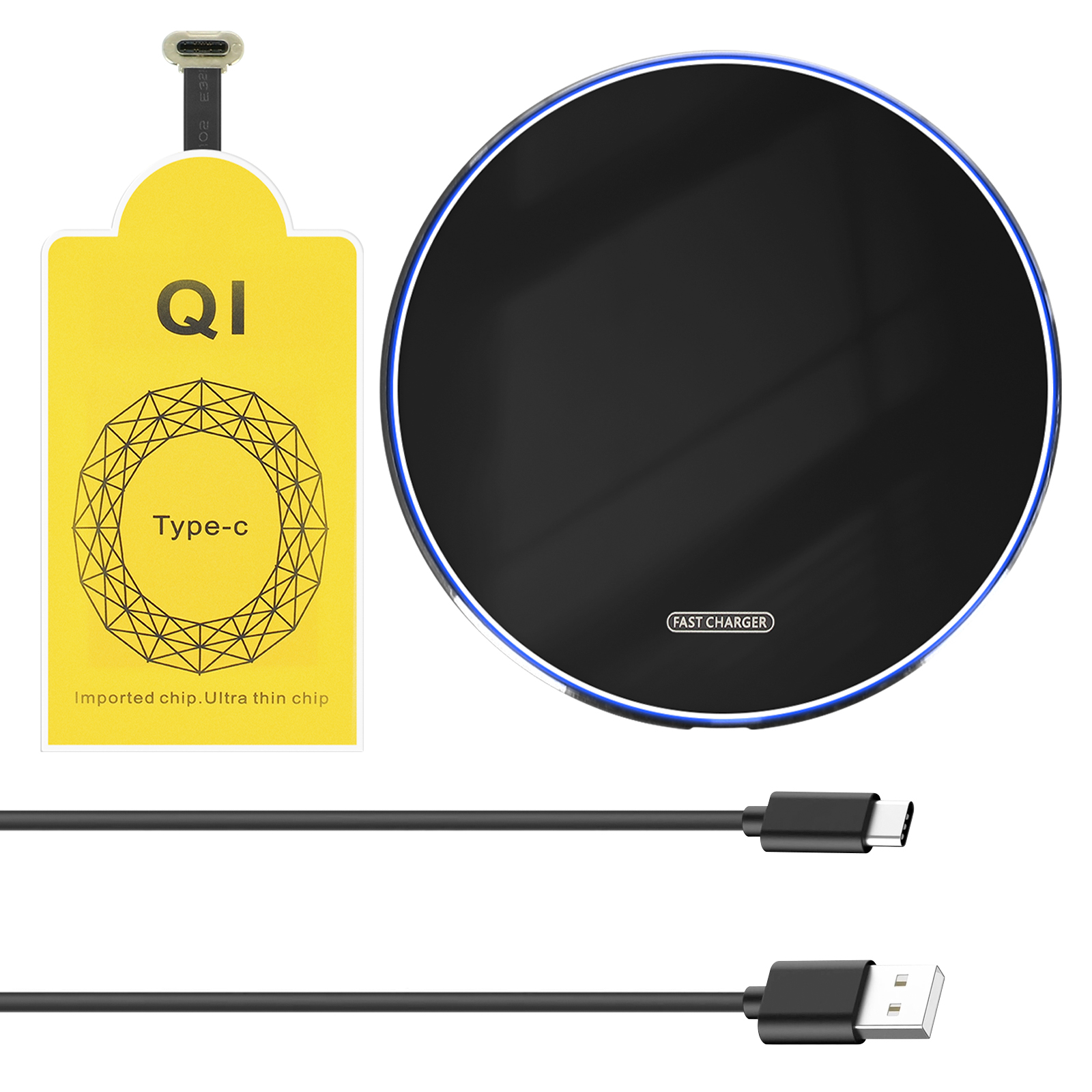 Ein schwarzes kabelloses Ladegerät und eine gelbe Karte mit QI-Logo und USB-Kabel. Weißer Hintergrund.