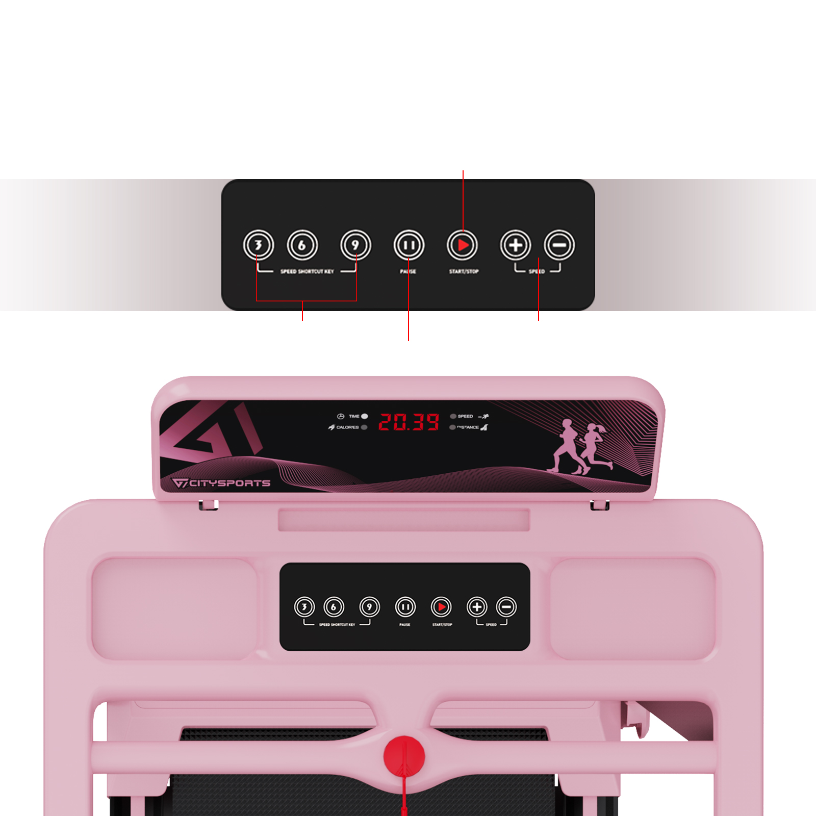 Różowy panel sterowania bieżni z przyciskami i wyświetlaczem cyfrowym.