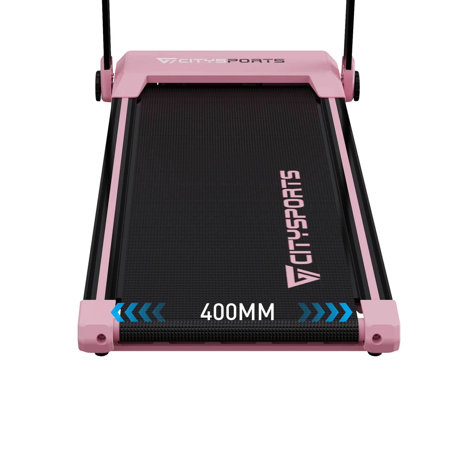Różowa bieżnia z czarną powierzchnią do biegania. Tekst "400MM" znajduje się na powierzchni do biegania.