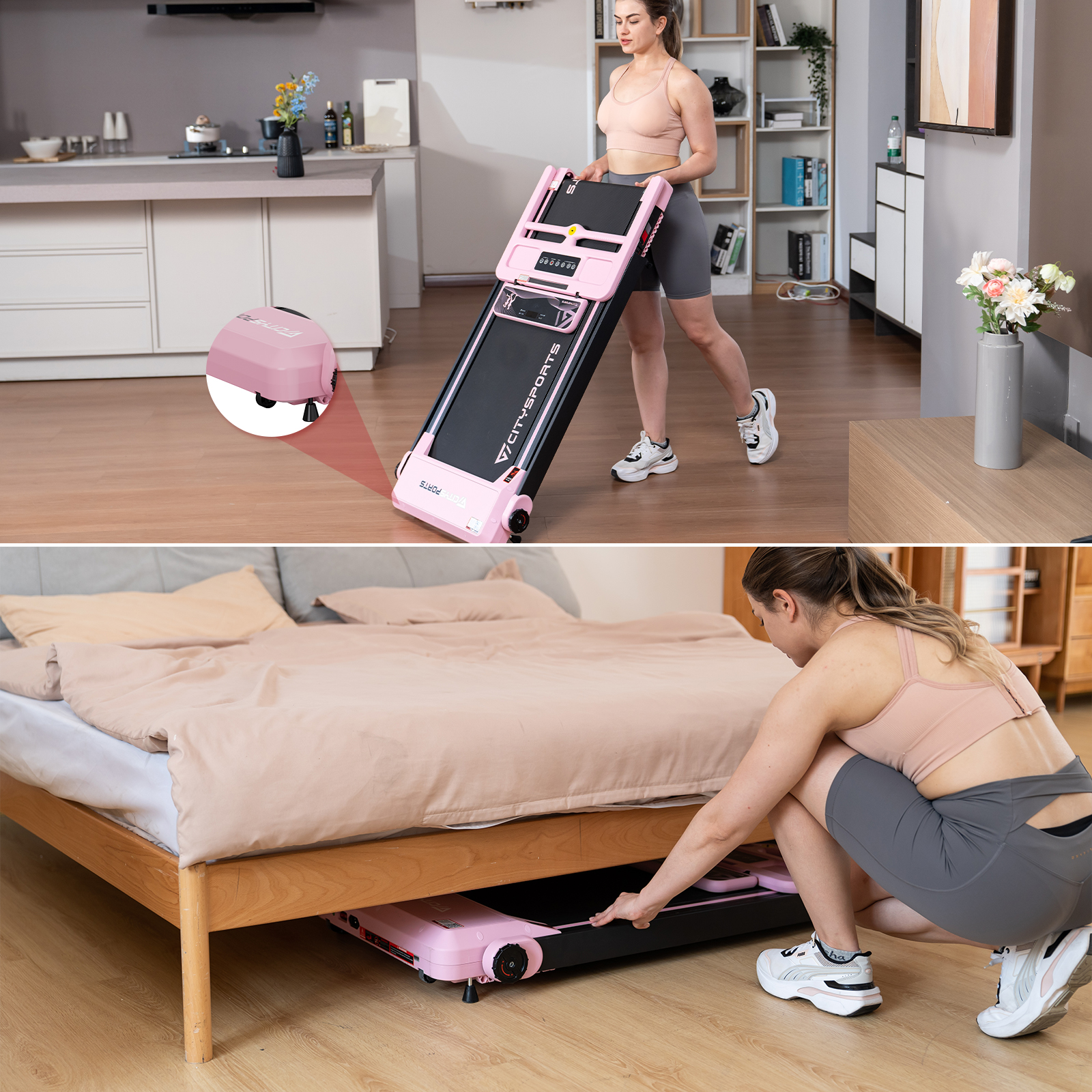 Kobieta korzystająca z różowej bieżni. Bieżnia jest złożona i przechowywana pod łóżkiem.