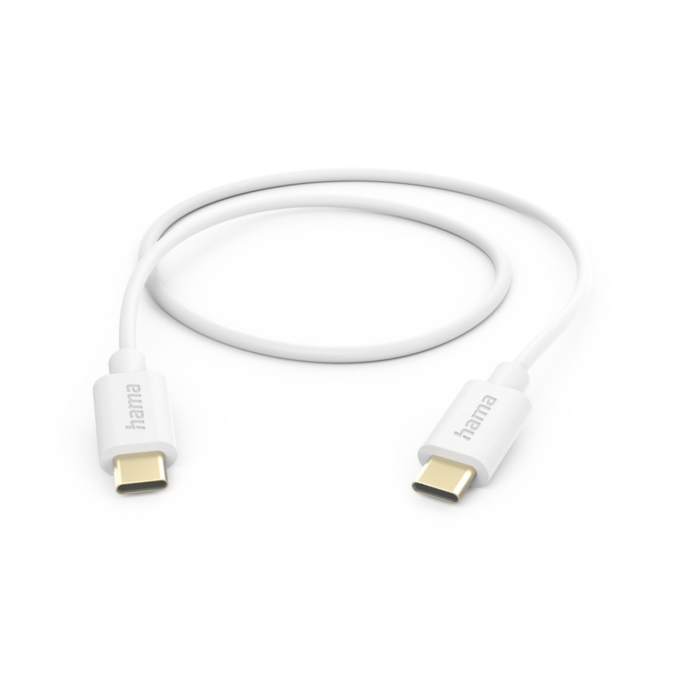 Cavo USB-C bianco con logo 'hama' su entrambe le estremità, curvo su sfondo bianco.
