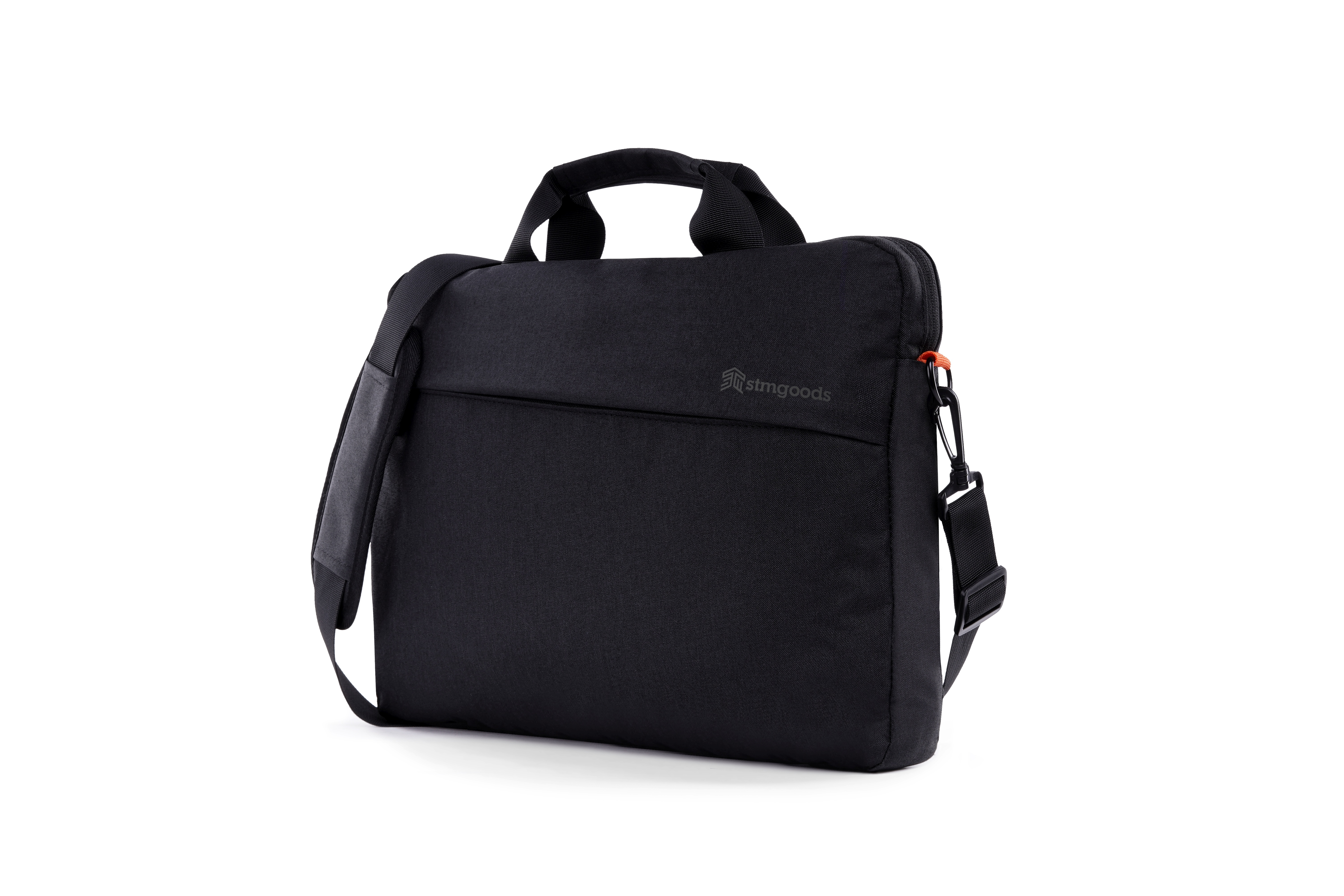 A black laptop bag with a shoulder strap and handle. It is on a white background.