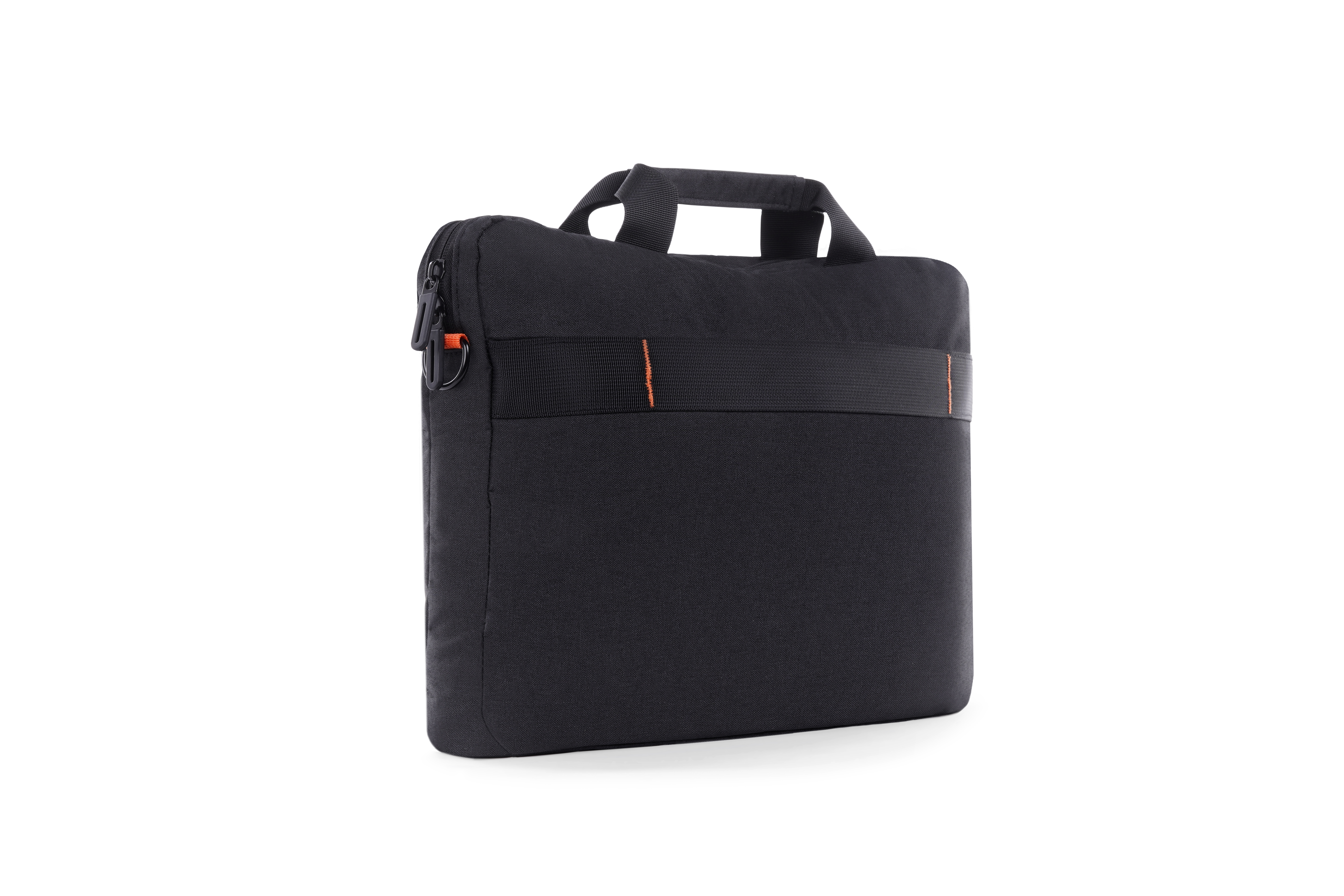 Black laptop bag with an orange zipper and strap accents, handles and a shoulder strap, on white background.