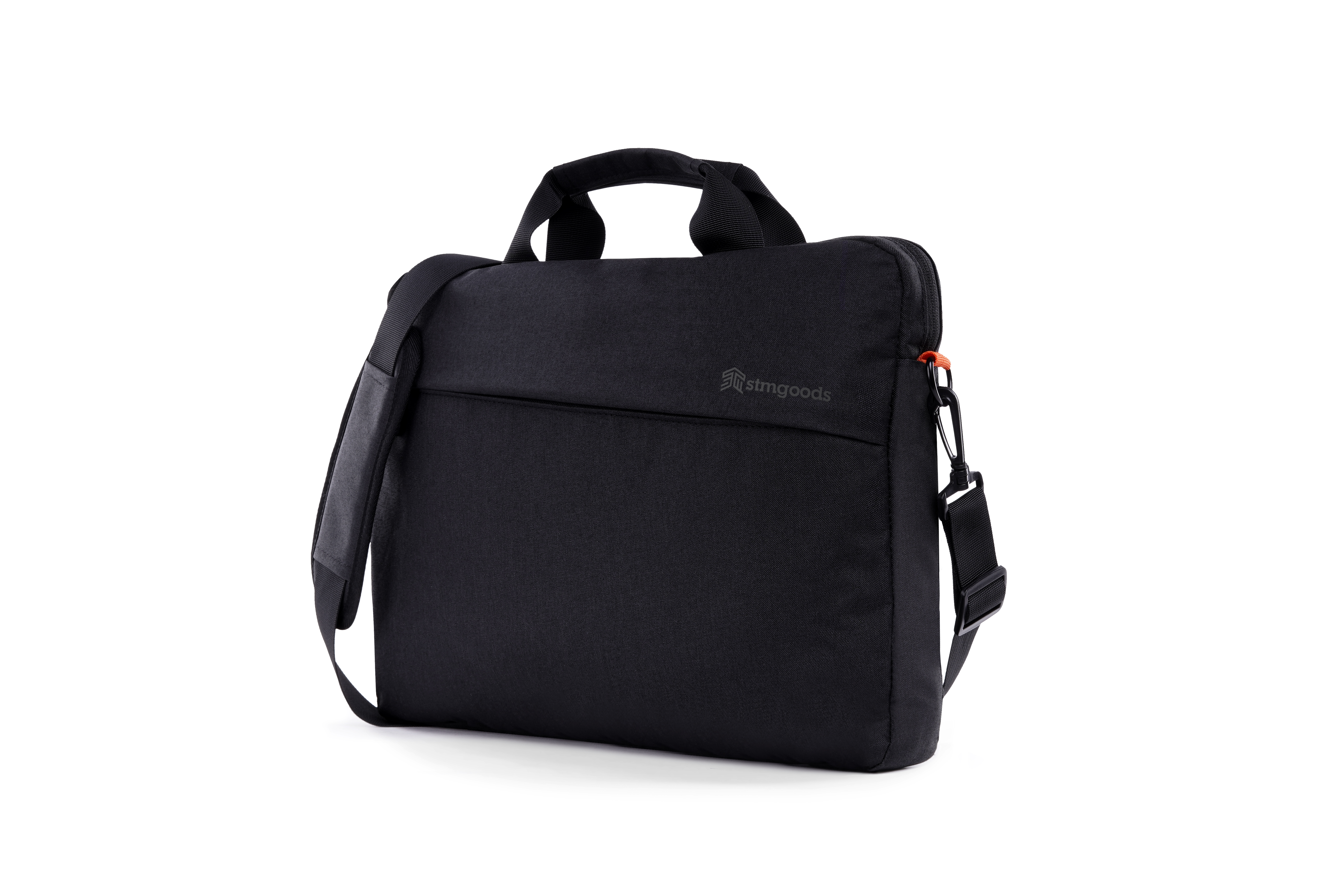 Black laptop bag with a shoulder strap, handle, and a logo on a white background.