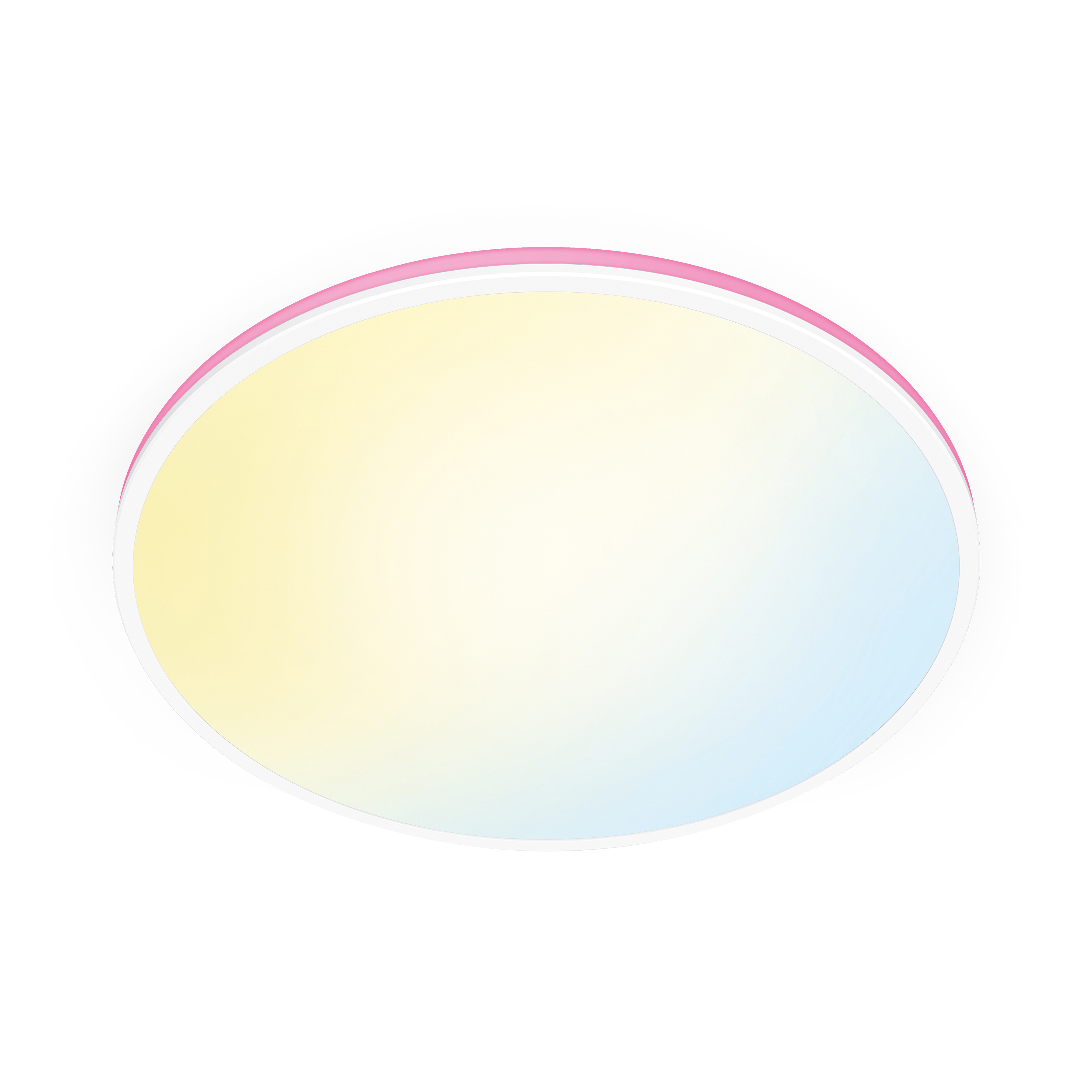 Ronde plafondlamp met een roze en witte rand.