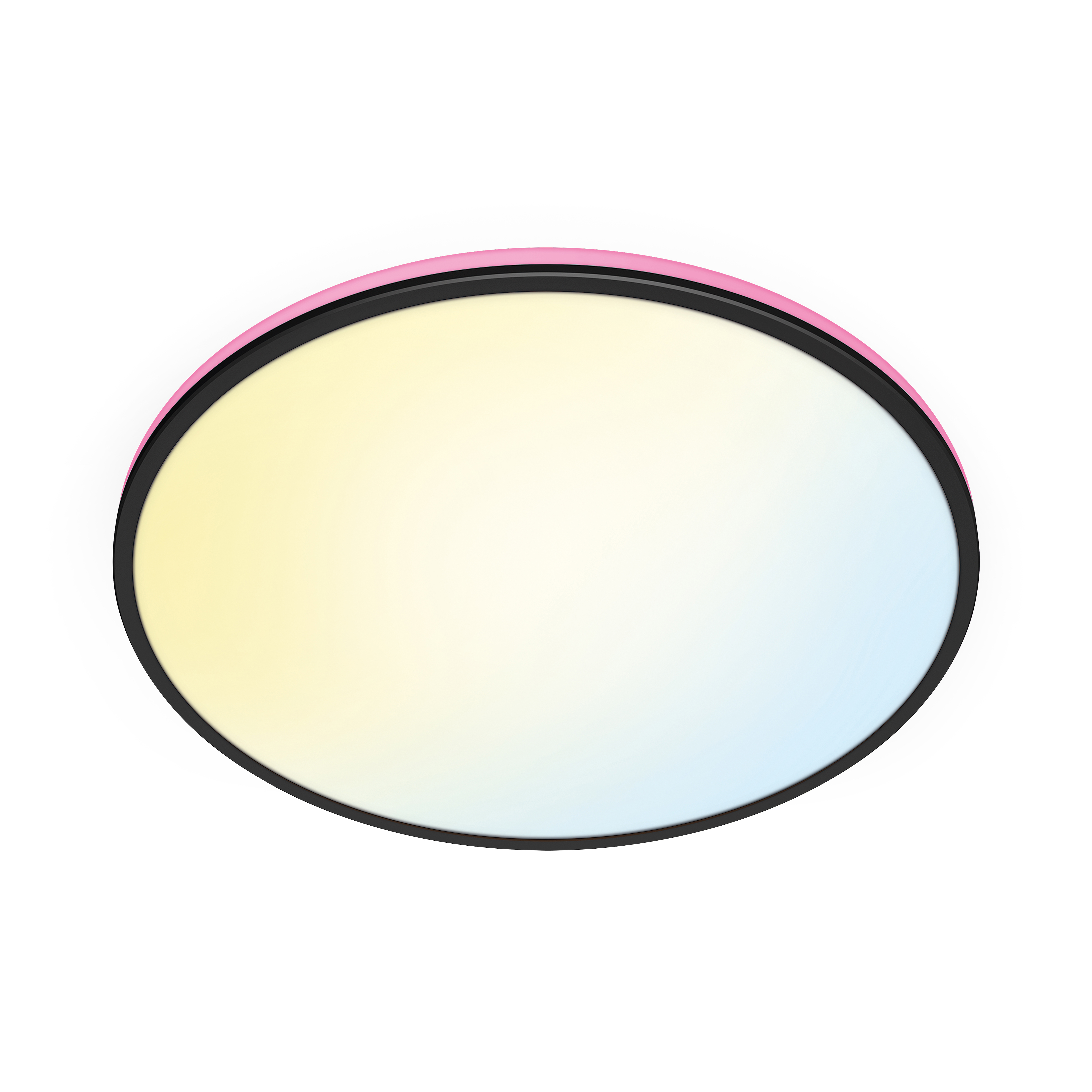 Ovale, zwart-roze LED-plafondlamp. Het licht is wit en verandert van kleur. De achtergrond is wit.