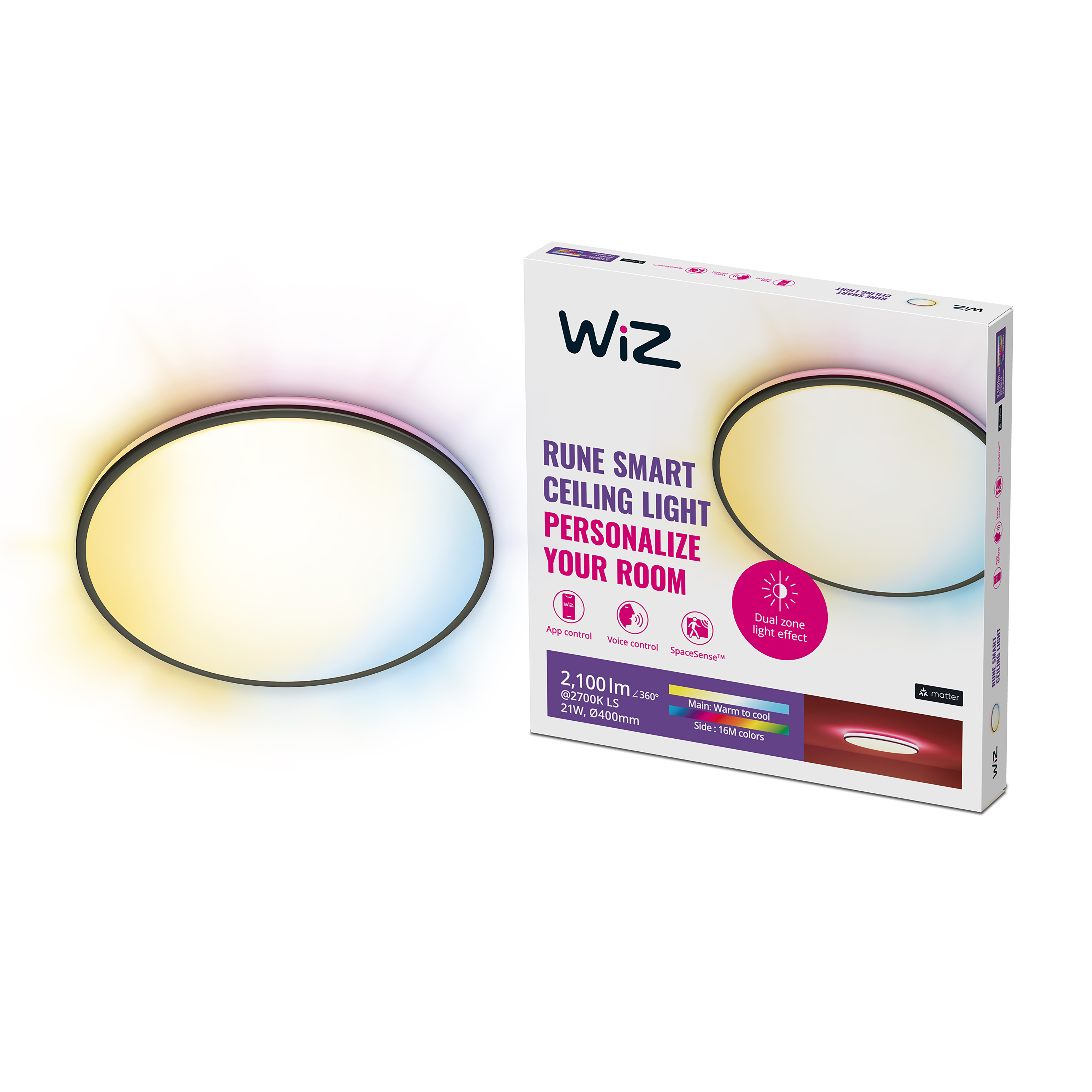 Een doos met een plafondlamp en het licht zelf. Het licht is aan.