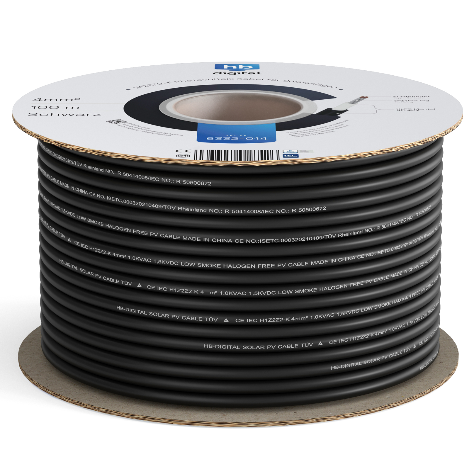 Eine Rolle schwarzes Kabel, 100 m lang, mit Produktetikett und Details.