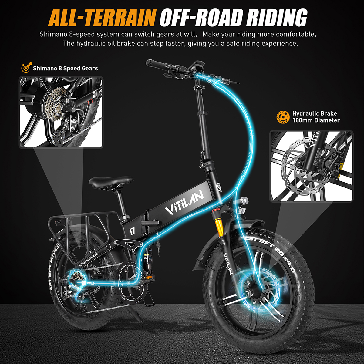 Czarny składany rower elektryczny ze szczegółami jego części i tekstem o jeździe terenowej.