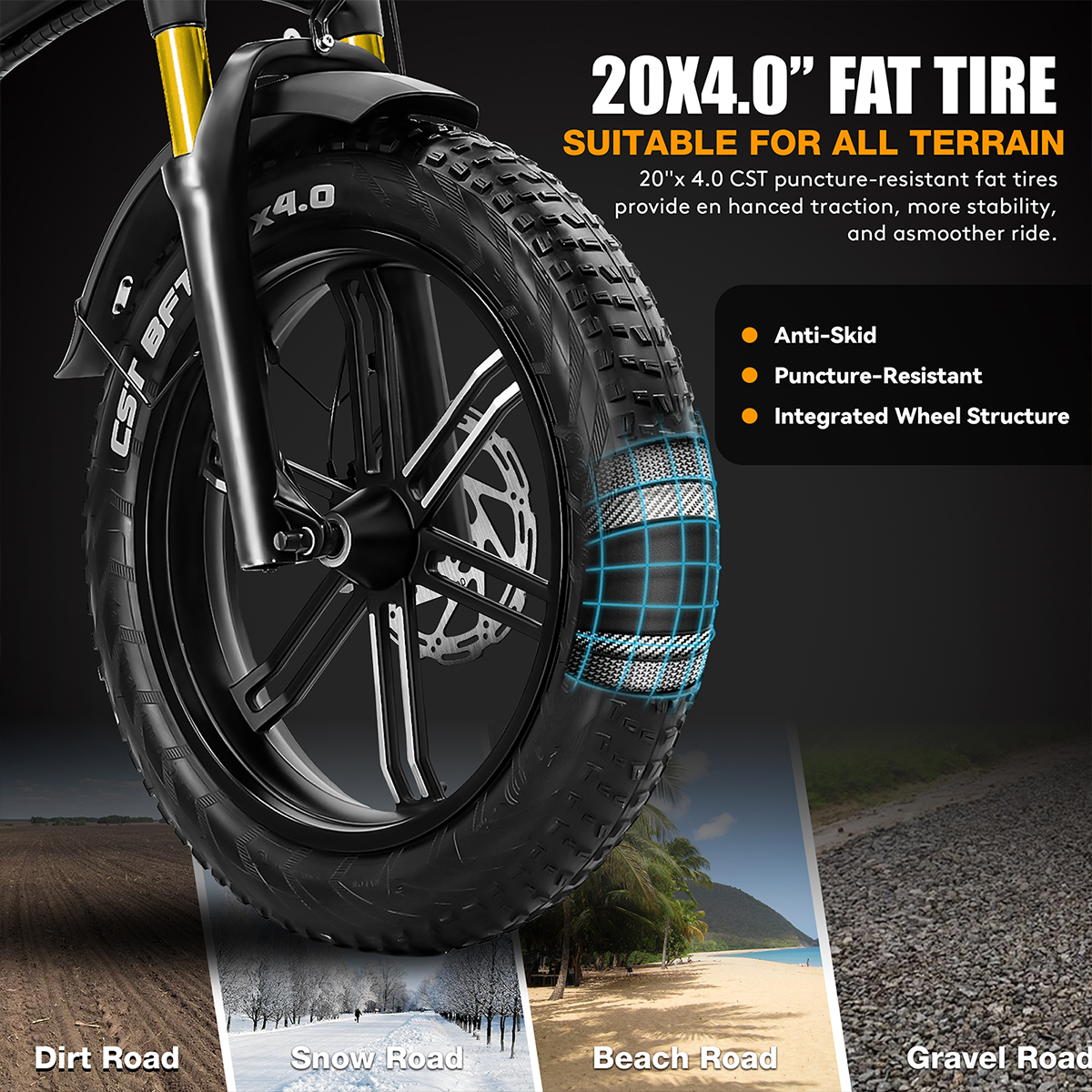 Opona rowerowa na różnych nawierzchniach: drodze gruntowej, śnieżnej, plażowej i szutrowej.