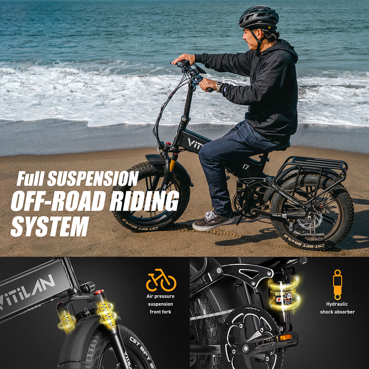 Mężczyzna jedzie czarnym rowerem elektrycznym na plaży. Rower ma zawieszenie i bagażnik.