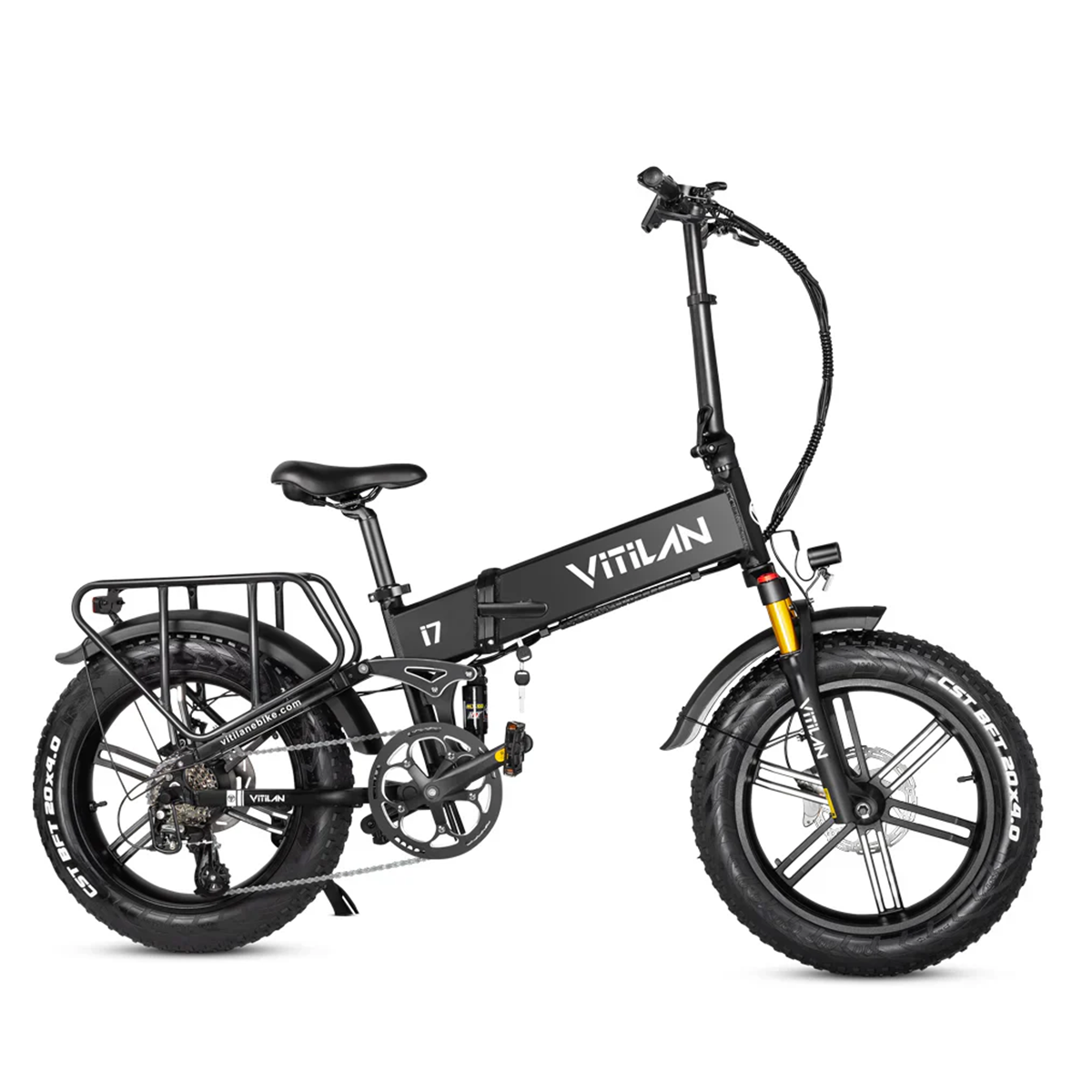 Czarny rower elektryczny Vitilan. Gruby opony, czarna rama i bagażnik.