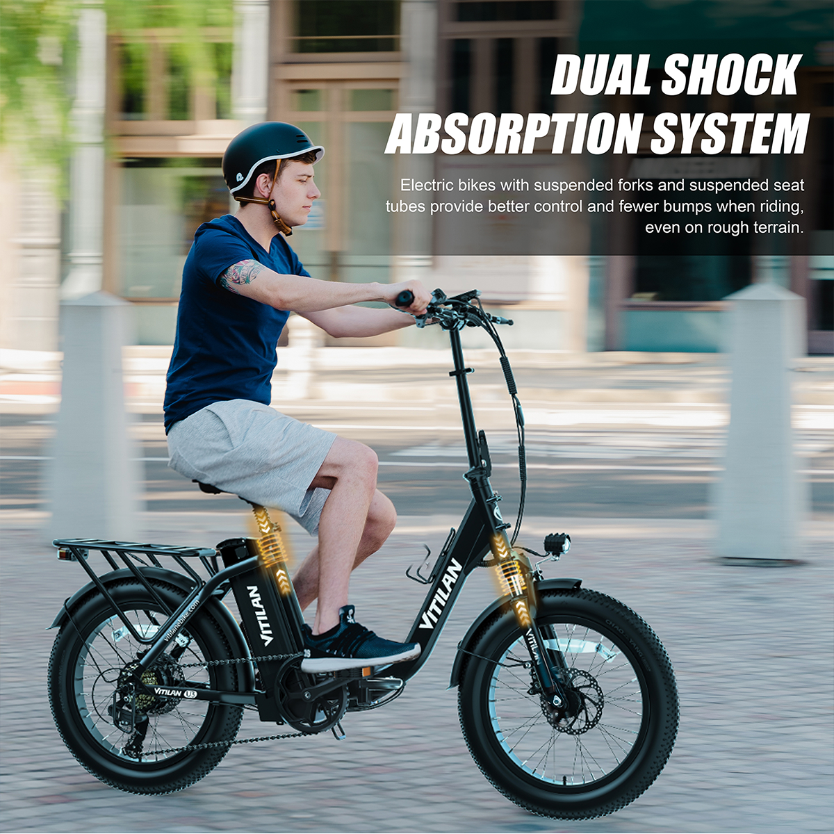 Mężczyzna na czarnym rowerze elektrycznym na ulicy. Tekst o amortyzacji.