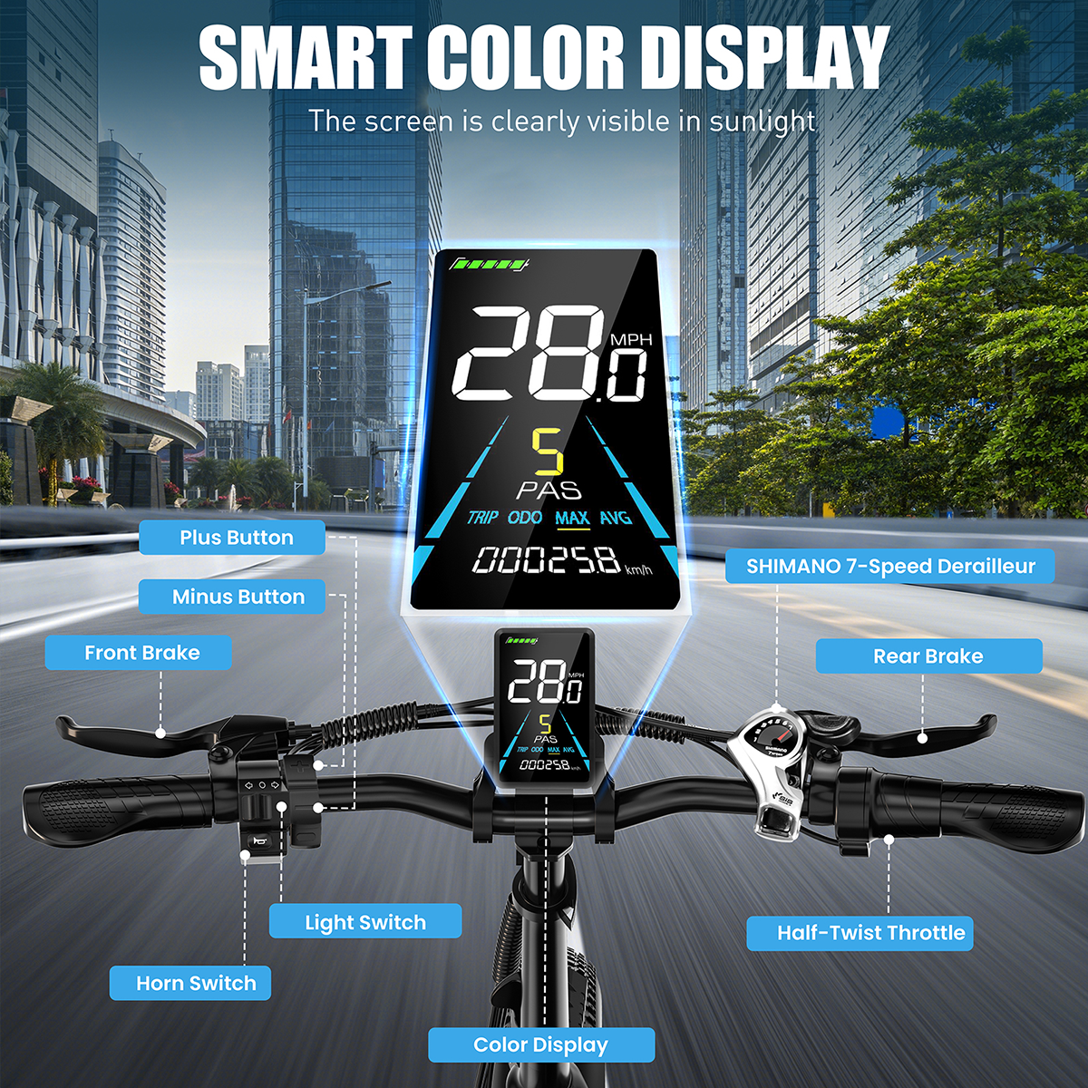 Kierownica roweru z kolorowym wyświetlaczem pokazującym prędkość i inne wskaźniki. Tło miasta.