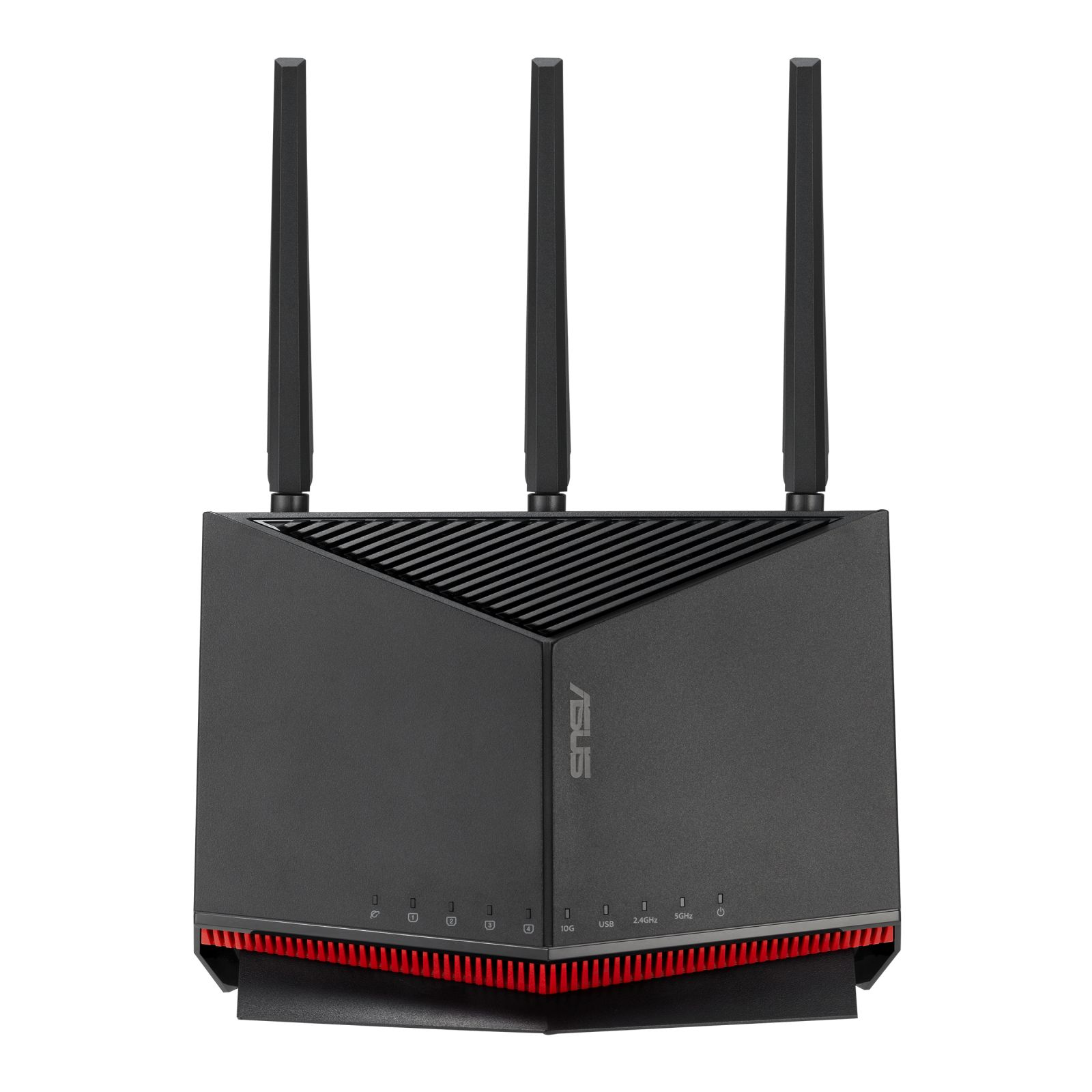 Router ASUS nero con tre antenne, dettagli rossi e un supporto.