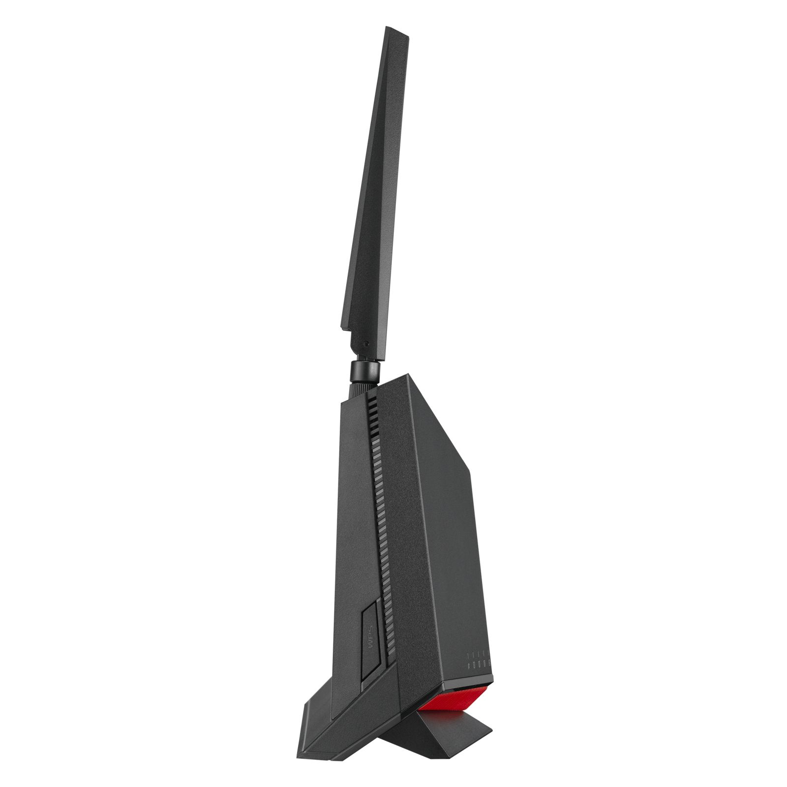 Router nero con una singola antenna. Ha una base rossa e si trova su uno sfondo bianco.