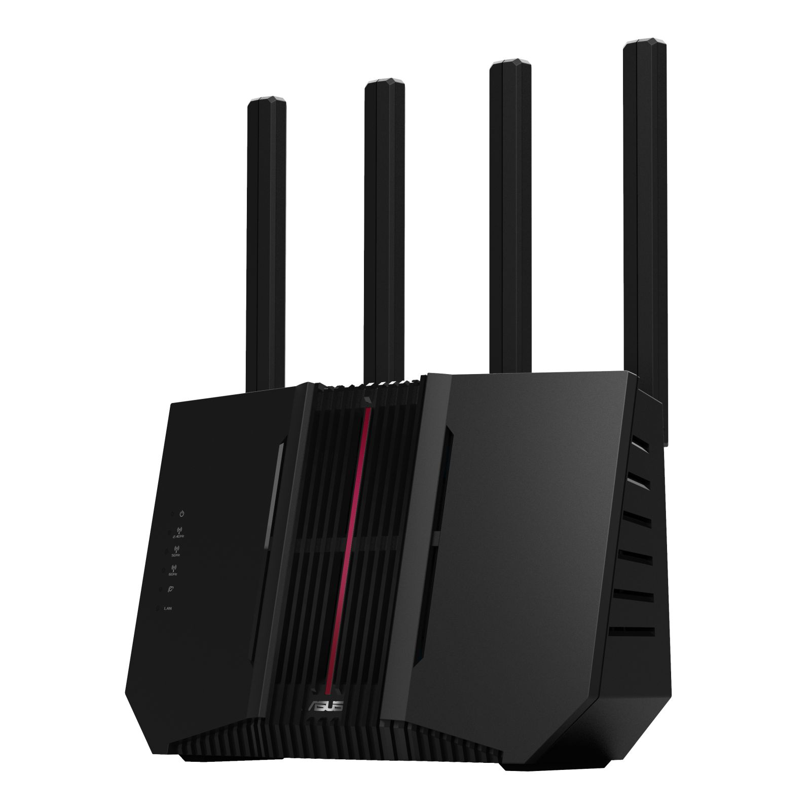 Czarny router ASUS z czterema antenami, umieszczony na białym tle, ujęcie pod kątem z czerwonymi akcentami.