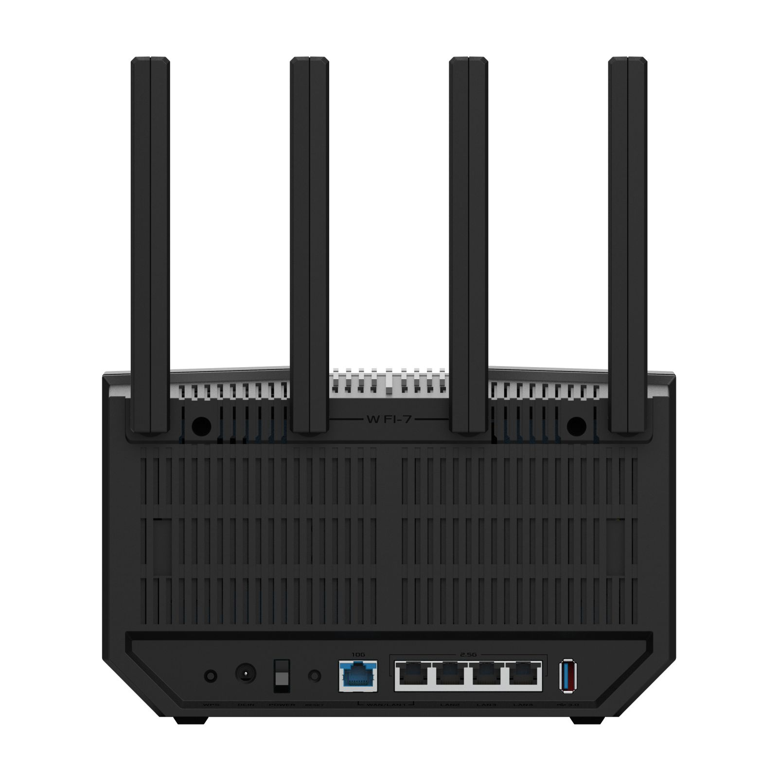 Czarny router Wi-Fi 7, widok z tyłu. Wyposażony w anteny, porty i wejście zasilania.
