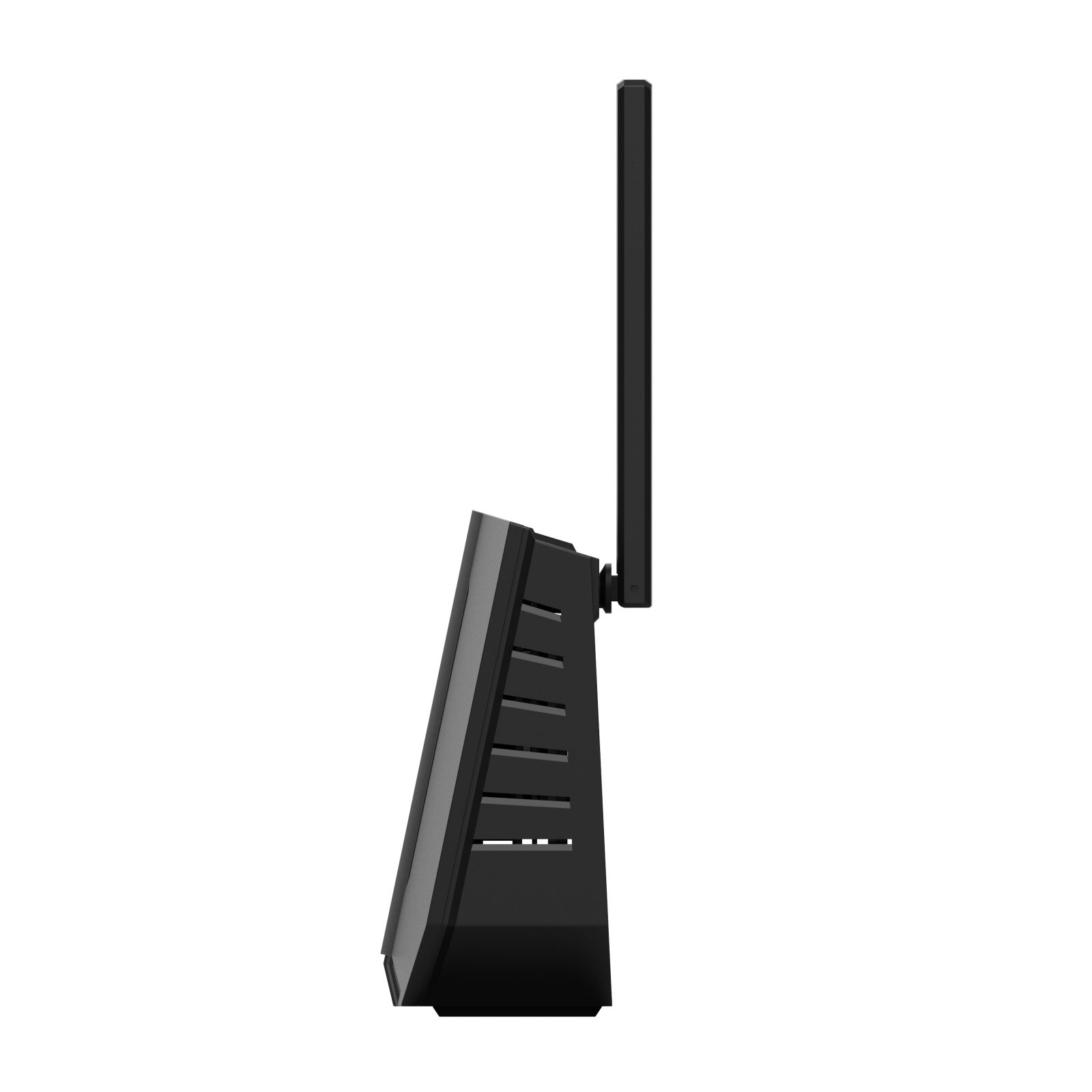 Czarny router z anteną. Widok z boku. Białe tło.
