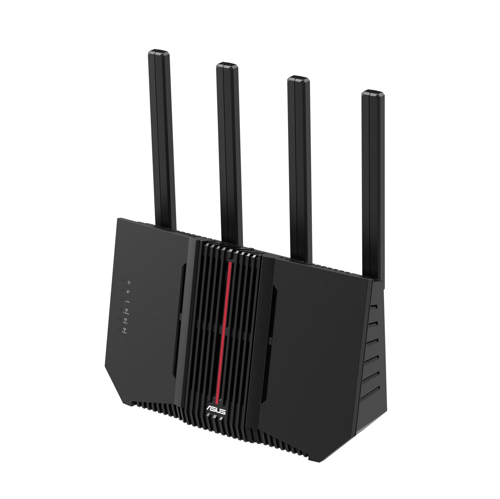 Czarny router z czterema antenami, na białym tle.