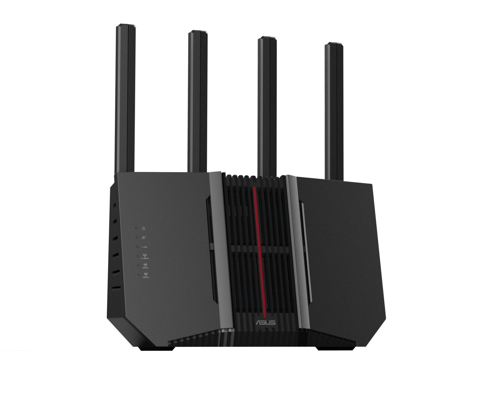 Czarny router z czterema antenami. Ma czerwony pasek i logo ASUS z przodu.