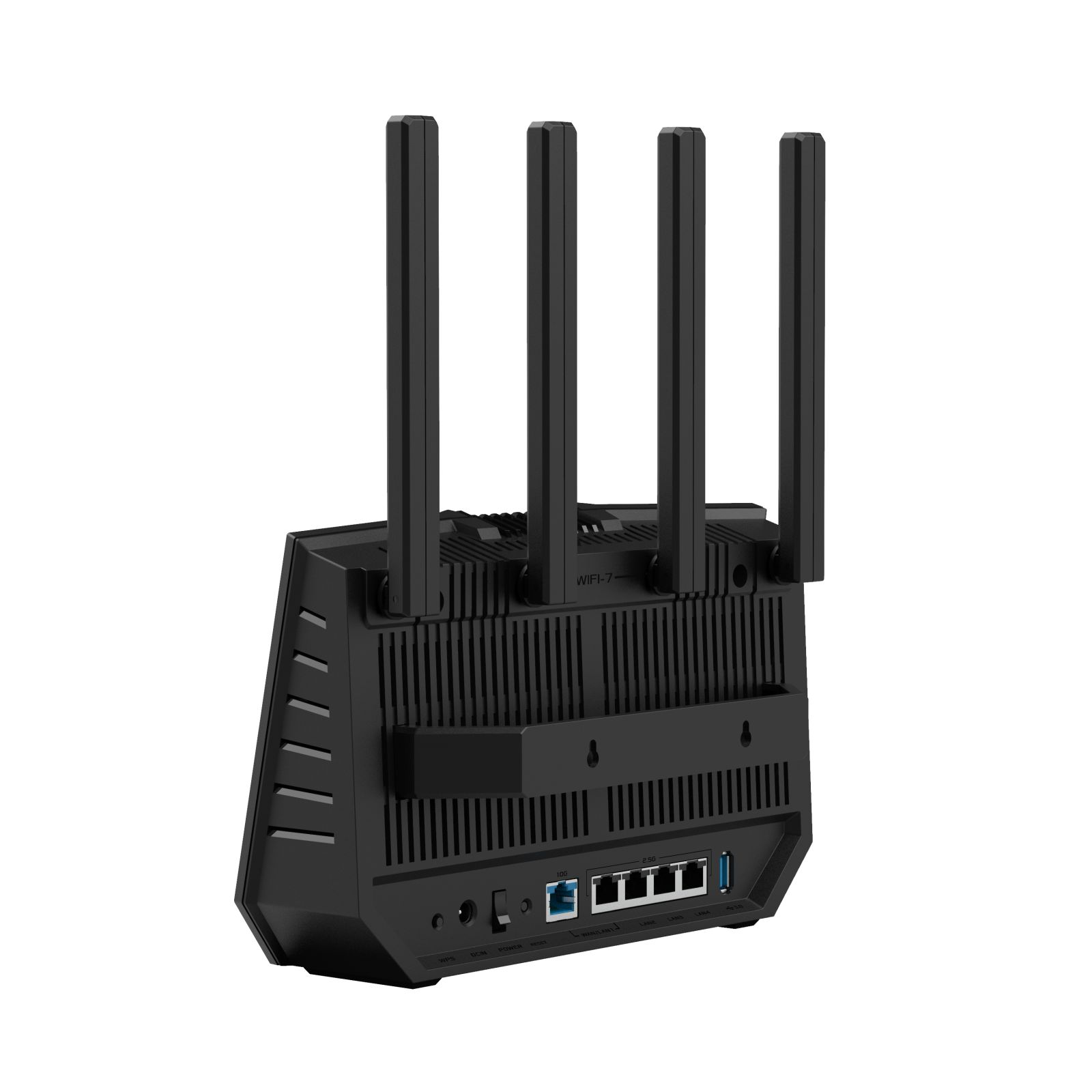 Czarny router Wi-Fi 7 z czterema antenami. Widok z tyłu pokazujący porty i wentylację, białe tło.