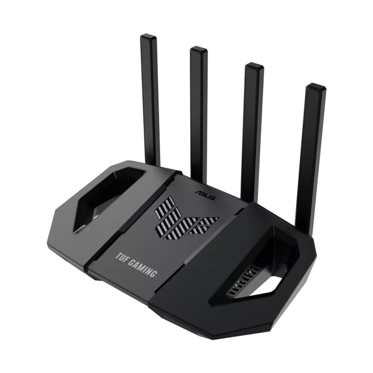 Schwarzer ASUS TUF Gaming Router mit vier Antennen. Der Hintergrund ist weiß. Der Router ist schwarz.