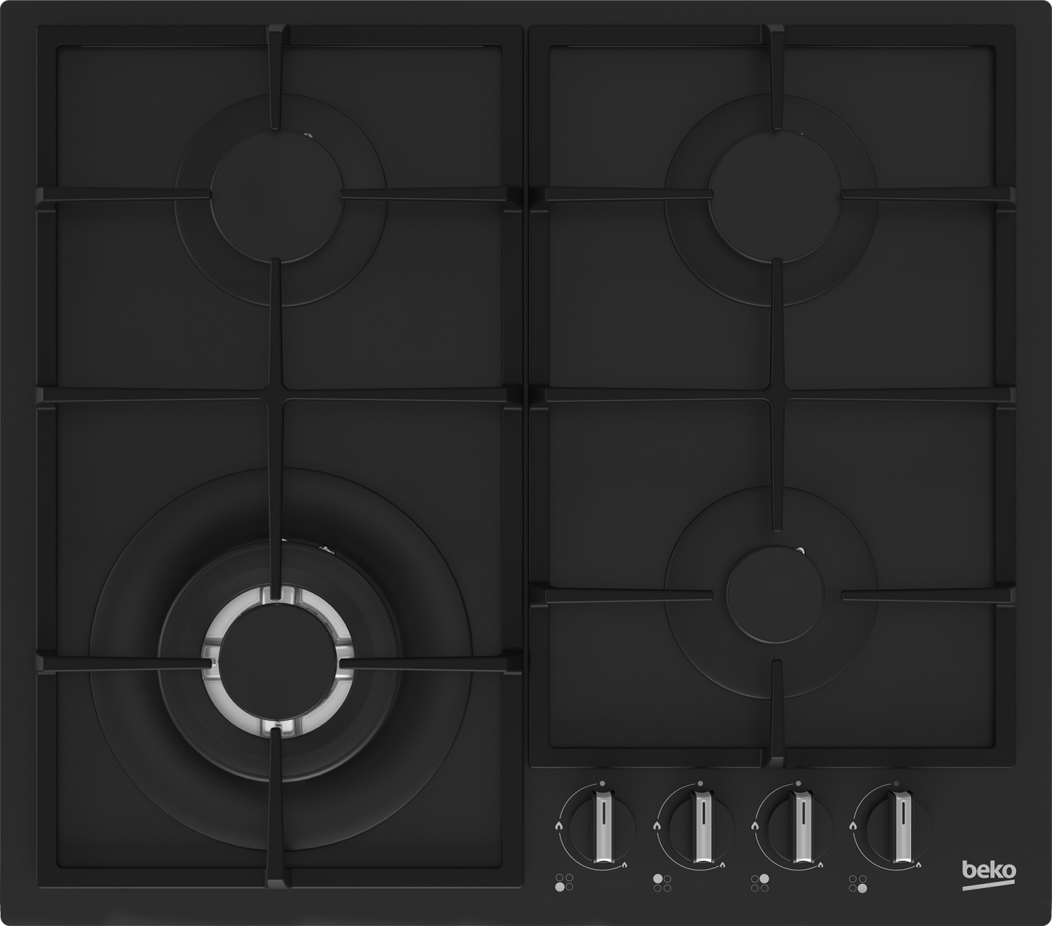 Czarna płyta grzejna z czterema palnikami i pokrętłami. Widoczna marka Beko.