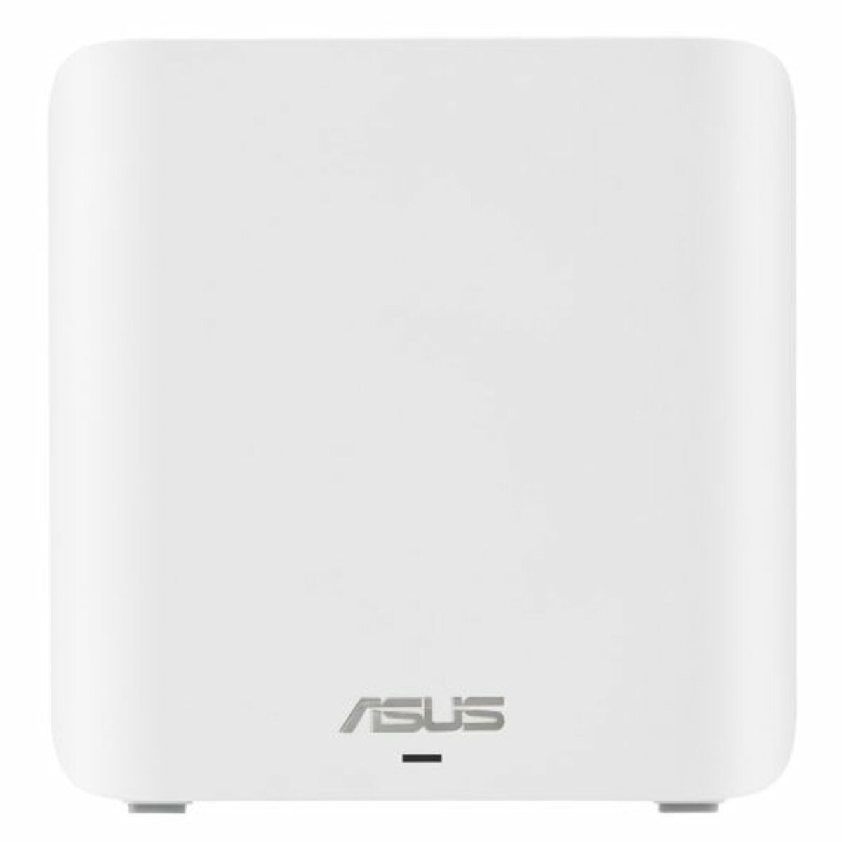 Biały router ASUS, kwadratowy z zaokrąglonymi rogami. Mała czarna linia na dole.