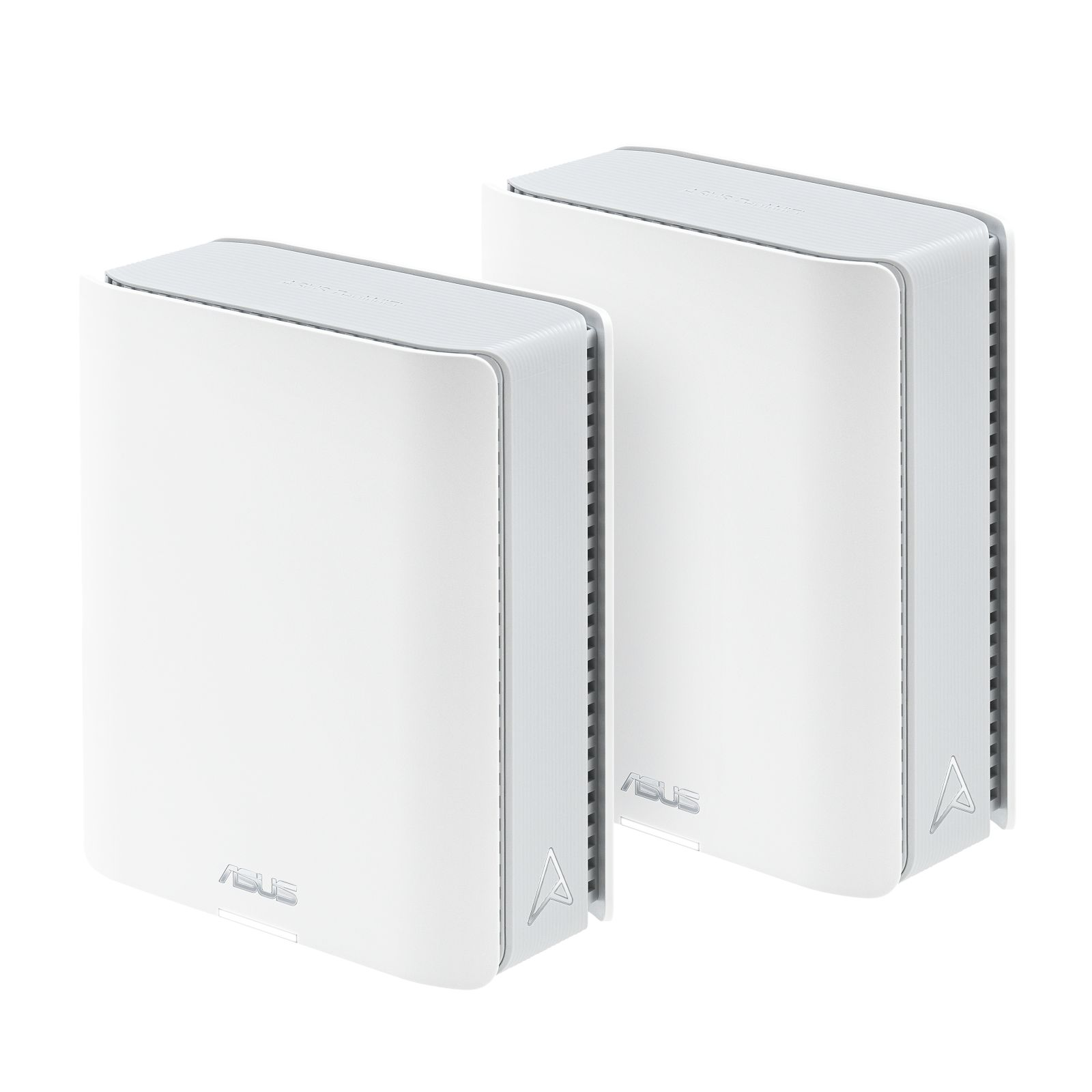 Zwei weiße Router-Geräte mit dem ASUS-Logo, dicht nebeneinander platziert.