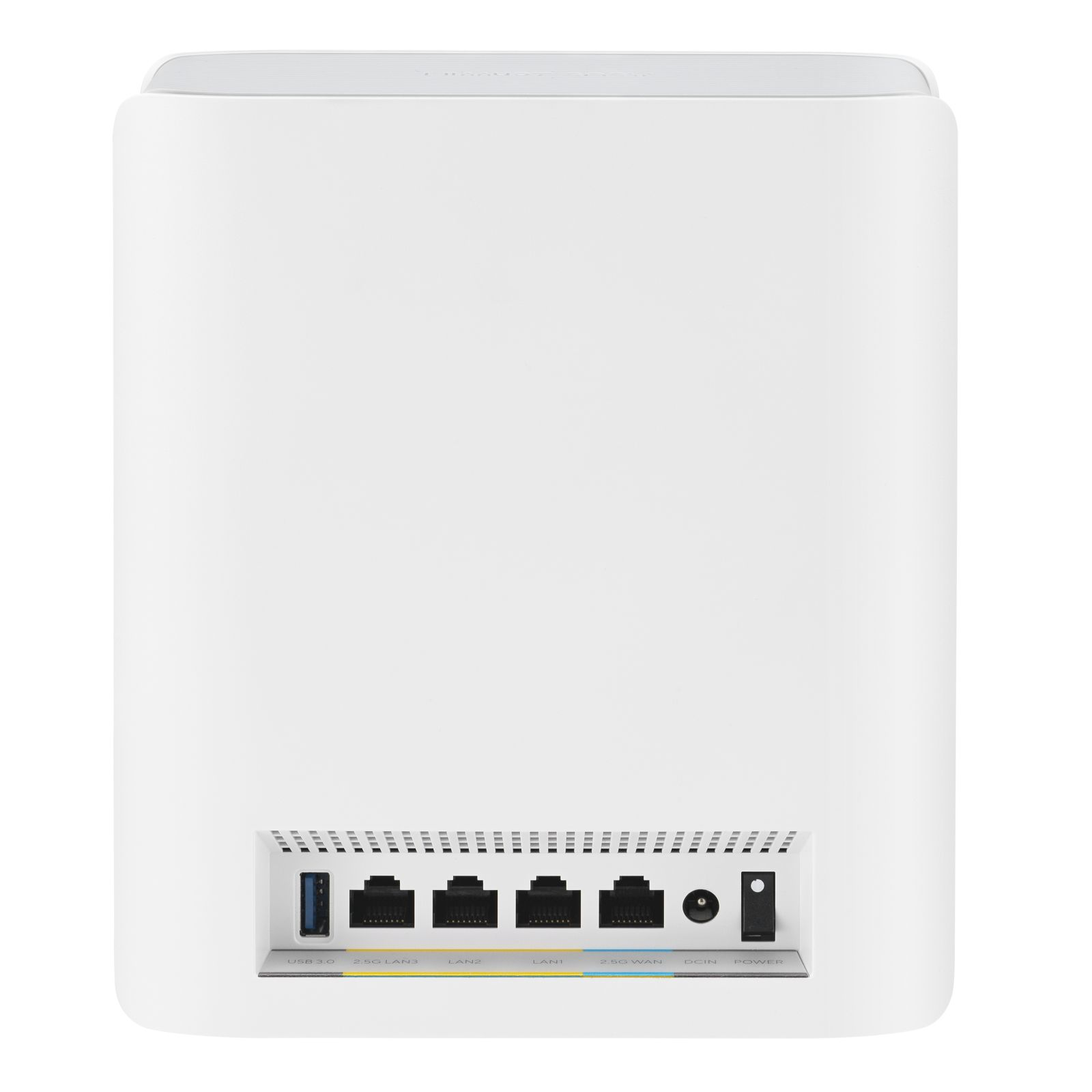Weißer Router mit Anschlüssen für verschiedene Verbindungen und einem Stromeingang.