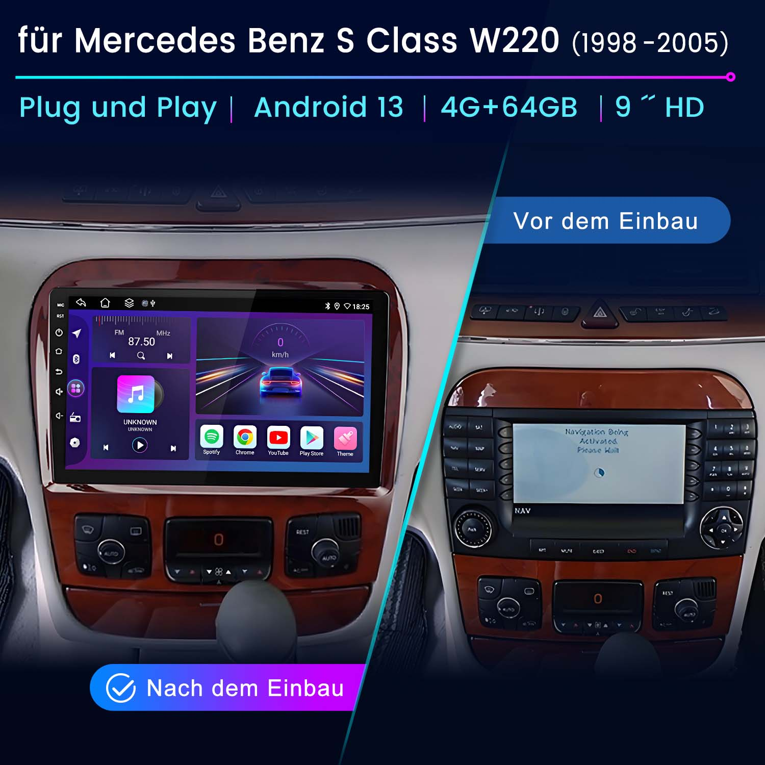 Jednostka multimedialna samochodu przed i po instalacji dla Mercedesa Benz S Class W220.
