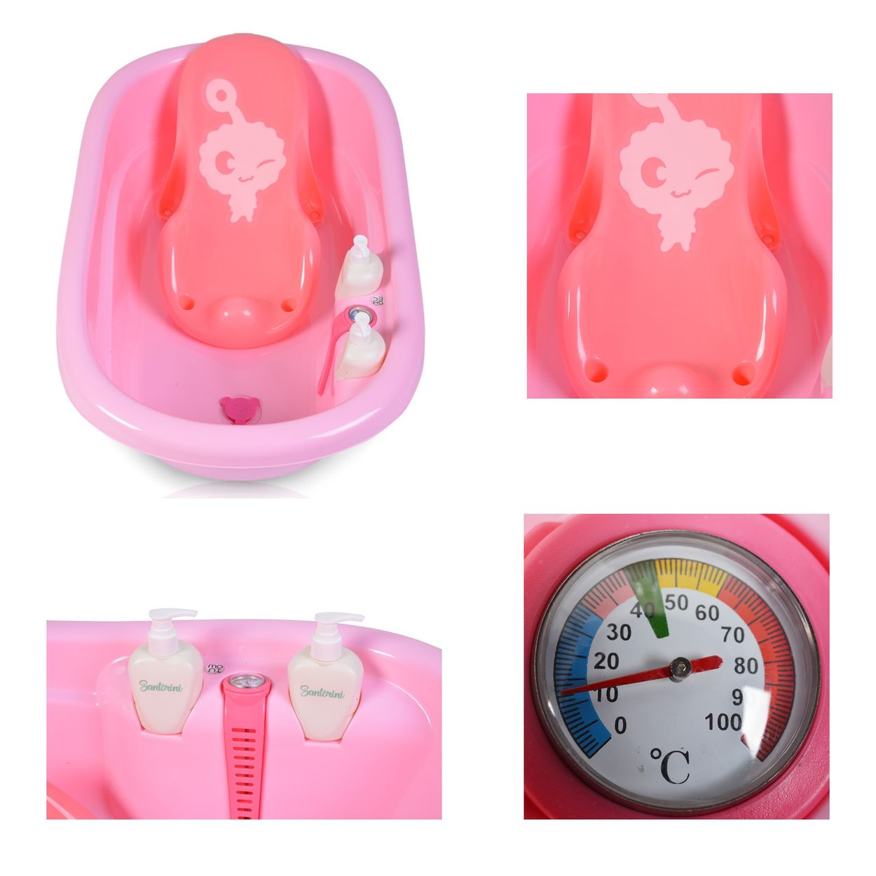 Una bañera rosa para bebé con asiento, botellas y un termómetro. El termómetro muestra una lectura de temperatura.