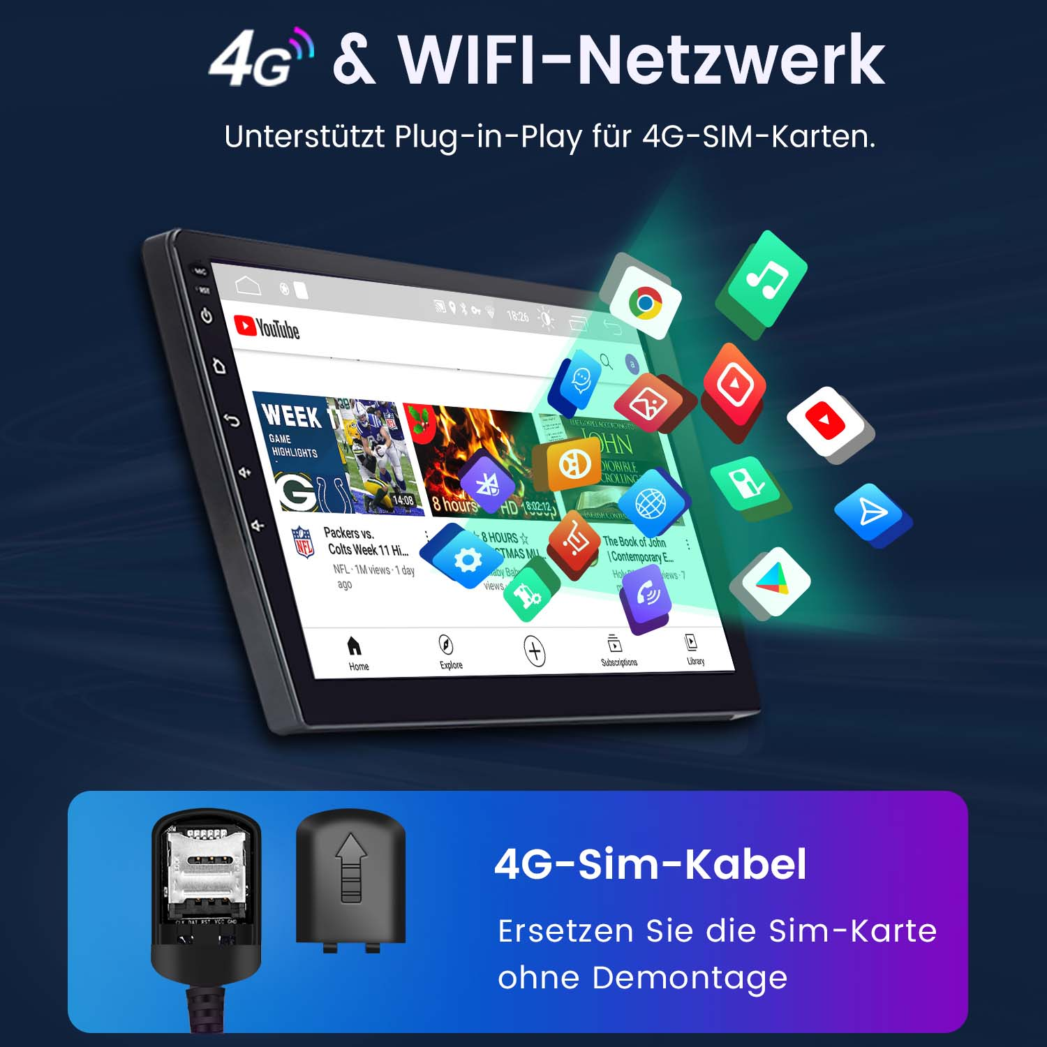 Interfejs tabletu z ikonami aplikacji. Tło wyświetla schemat sieci 4G i WiFi.