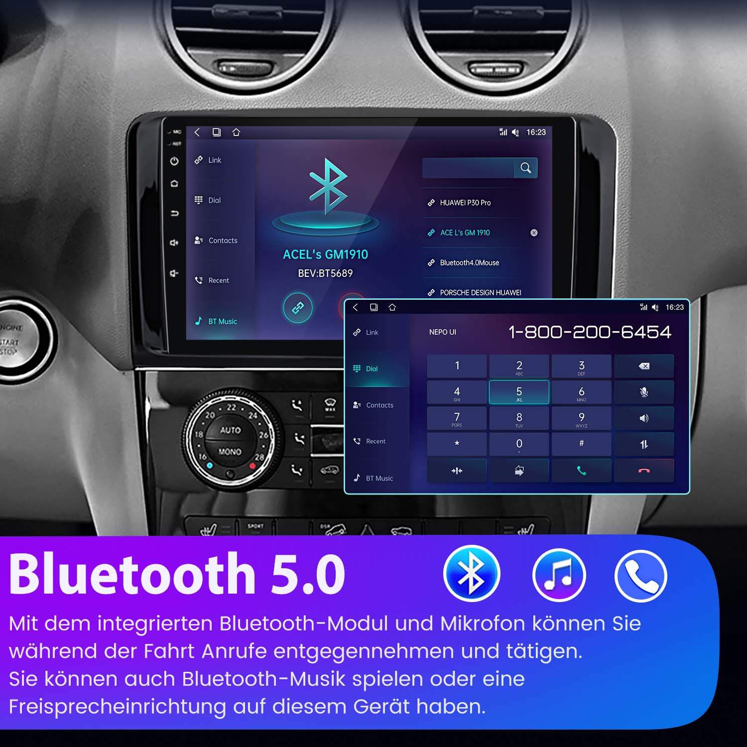 Ekran samochodowego systemu multimedialnego pokazujący funkcje Bluetooth i interfejs wybierania numeru.