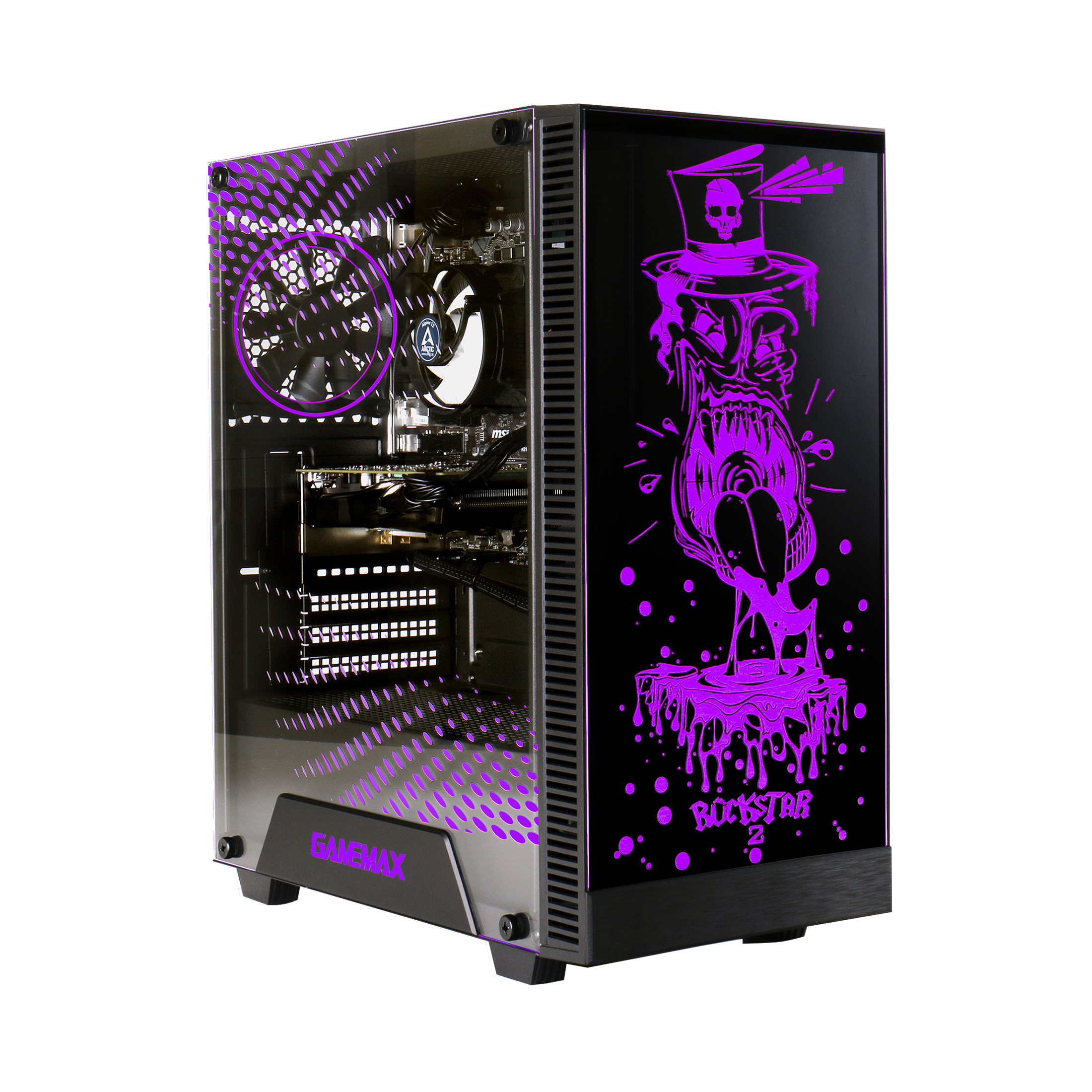 Ein schwarzes Computergehäuse mit einer Glasseitenwand, die eine lila Grafik zeigt.