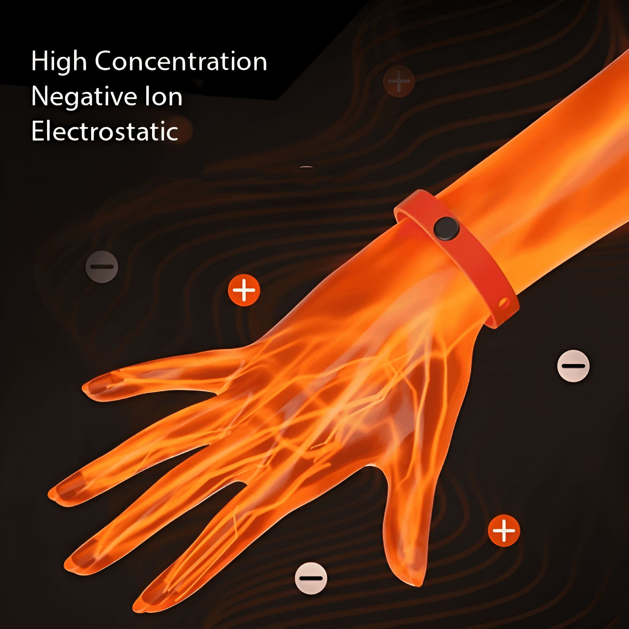 Orange Hand- und Handgelenk-Bild mit Plus- und Minuszeichen. Text: Hohe Konzentration negativer Ionen.