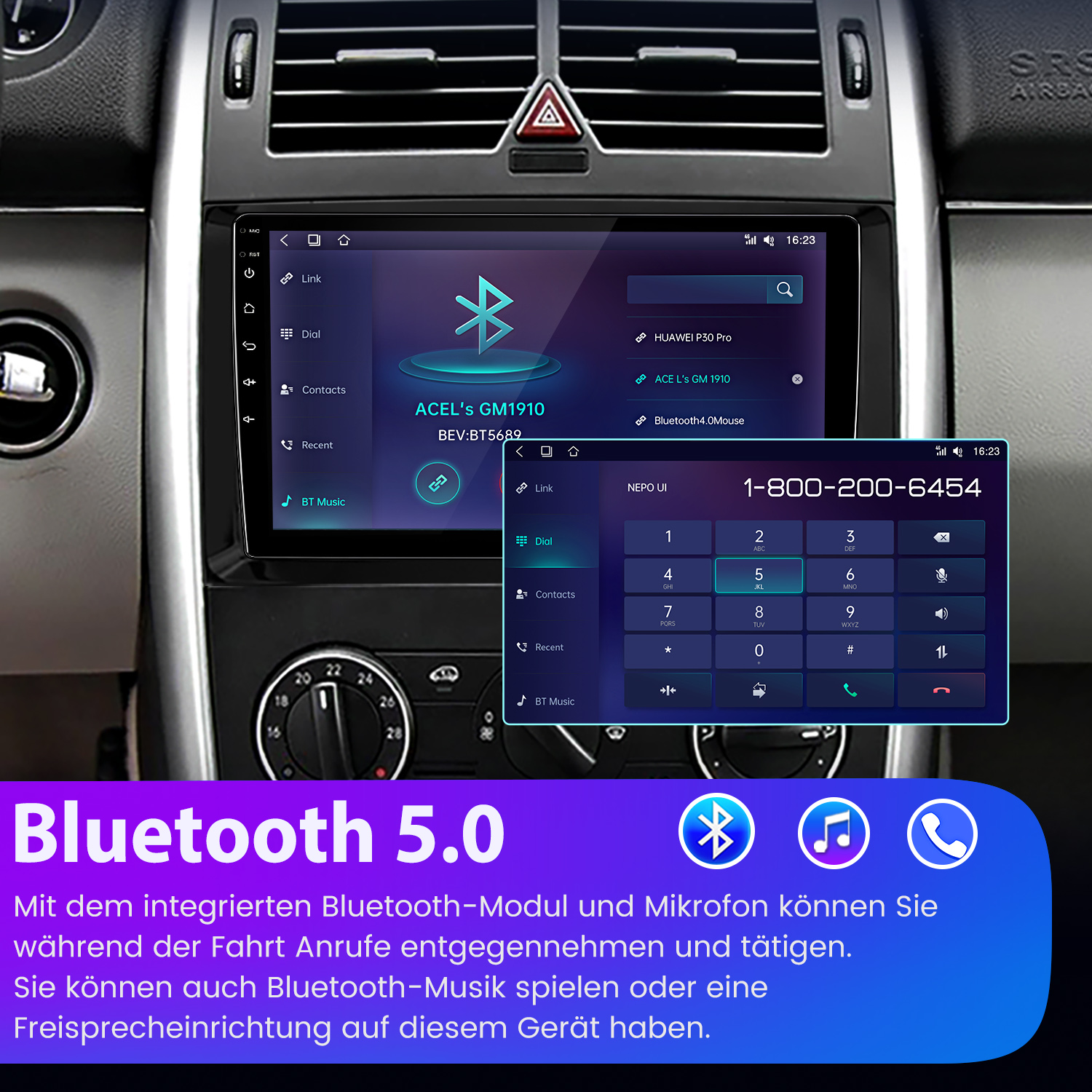 Ekran samochodowego systemu informacyjno-rozrywkowego wyświetlający interfejs wybierania numeru telefonu i tekst Bluetooth 5.0.
