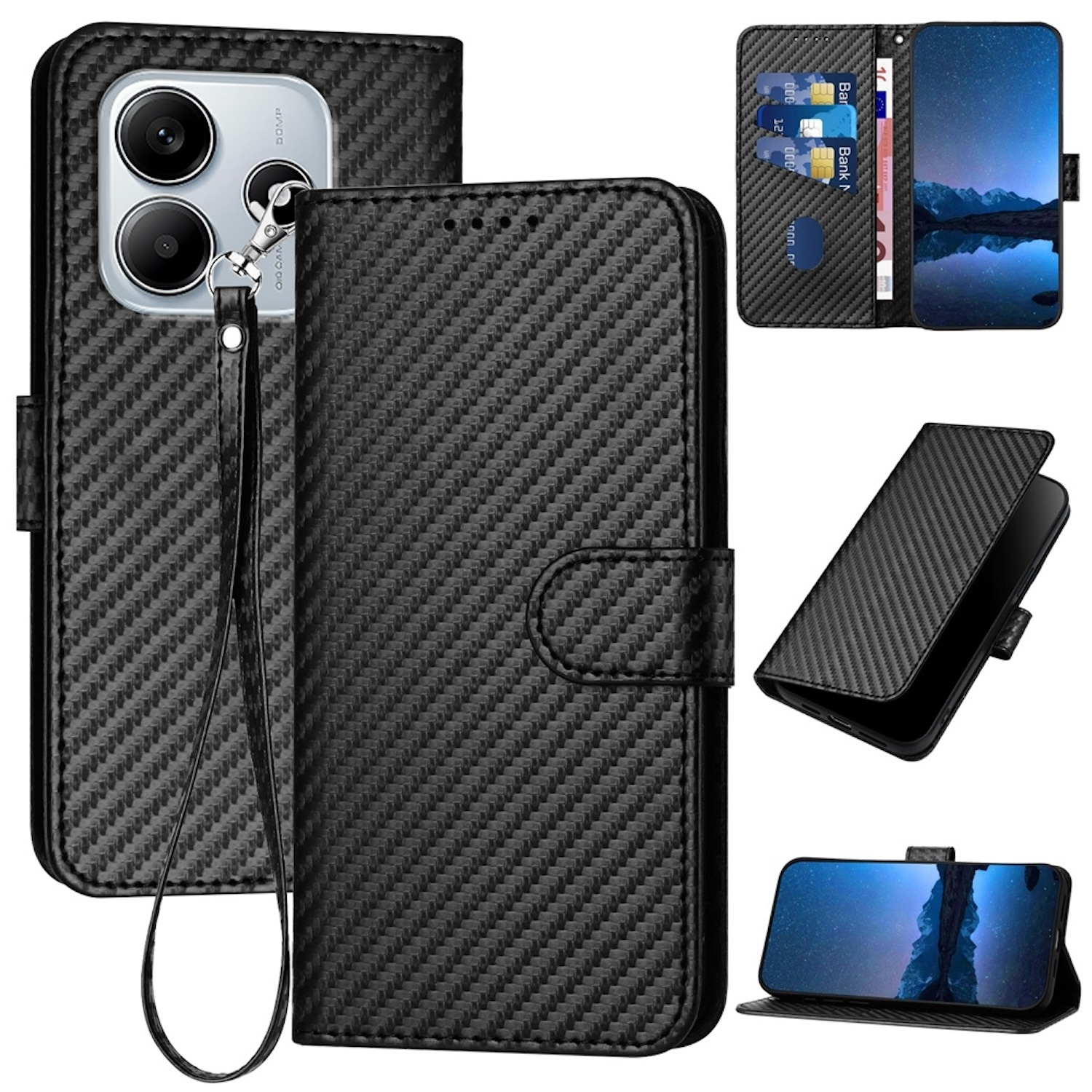 WIGENTO Carbon Fiber Kunstleder Hlle mit Lanyard, Bookcover, Xiaomi, Redmi  Note 14 5G, Schwarz | SATURN