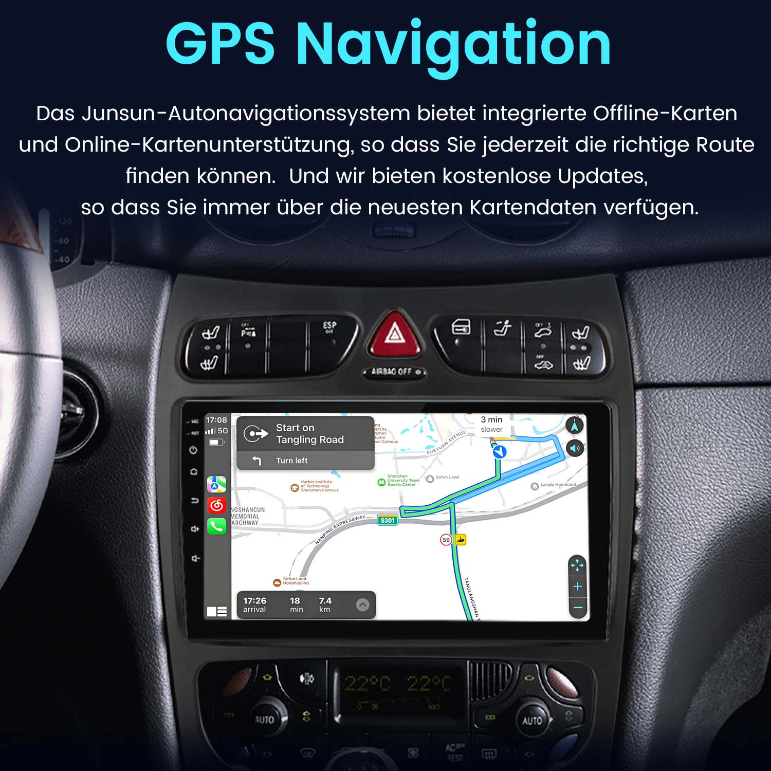 Deska rozdzielcza z nawigacją GPS, mapą i informacjami o trasie.