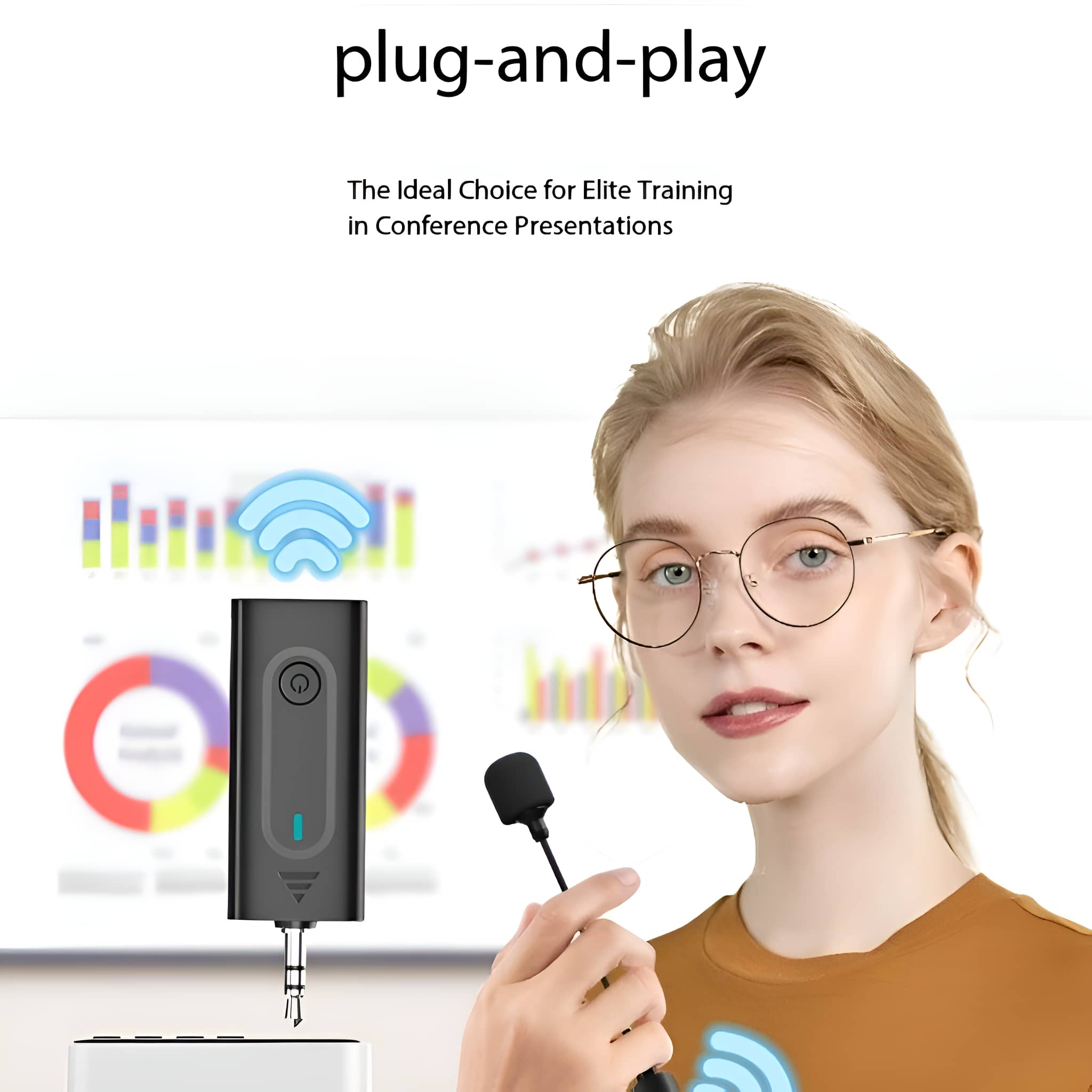 Frau mit Brille und Mikrofon, mit drahtlosem Gerät und Text Plug-and-Play.
