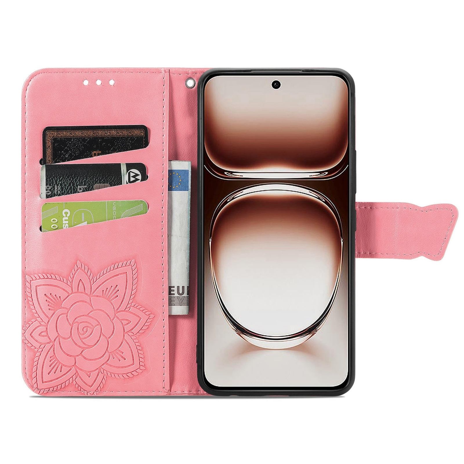 Una funda de teléfono rosa con un diseño floral, tarjetas y una factura en el interior, y un teléfono.