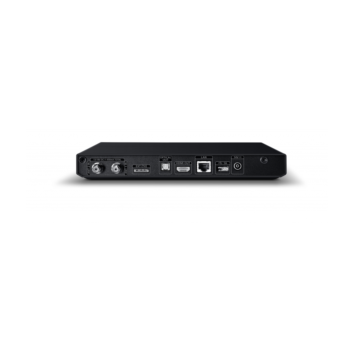 Schwarzer AV-Receiver mit verschiedenen Anschlüssen, einschließlich optisch und HDMI.