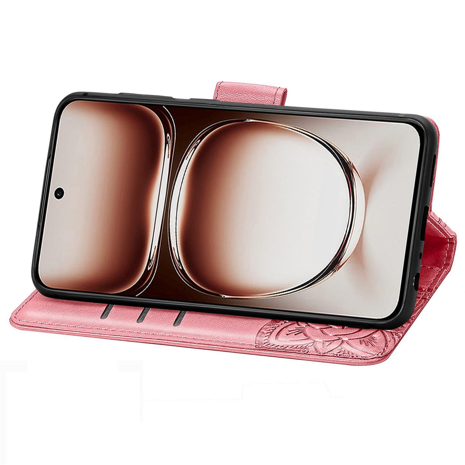Funda de teléfono rosa con diseño floral, sosteniendo un teléfono. El teléfono muestra una imagen circular borrosa.