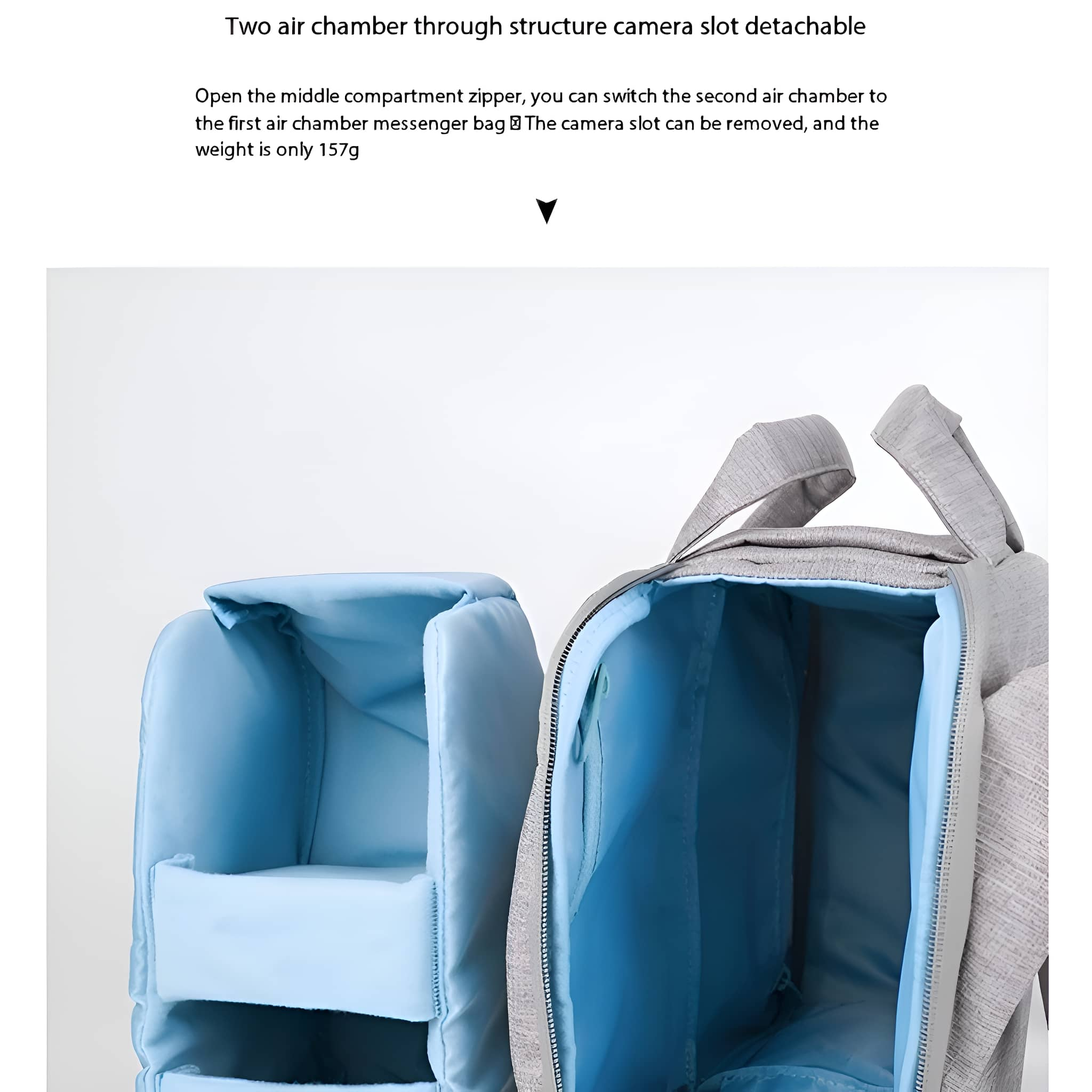 Offene graue Kameratasche mit blauem Innenraum und Textbeschreibung oben.