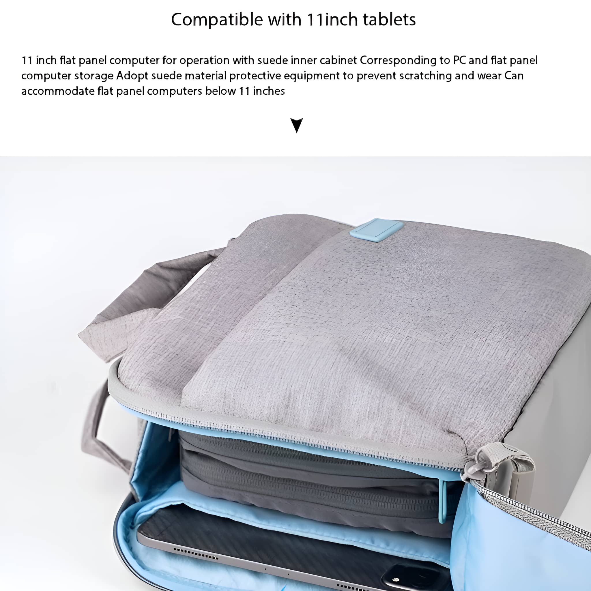 Innenseite einer Tablettasche. Graue Tasche mit Tablet und hellblauem Reißverschluss.