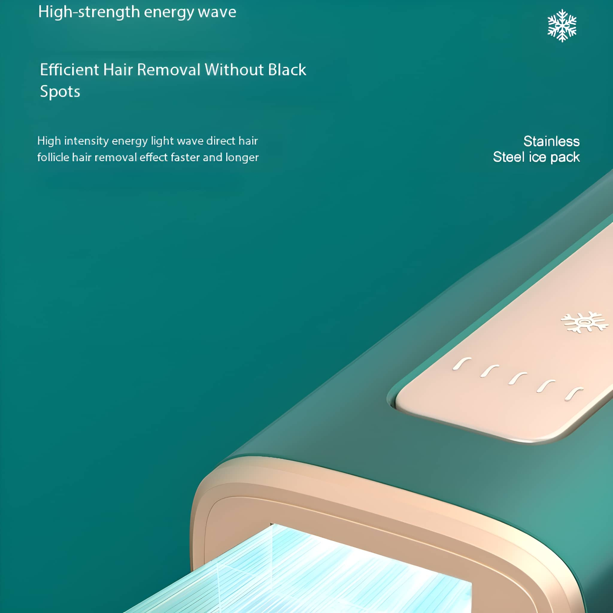 Nahaufnahme eines türkisfarbenen und beigefarbenen Geräts mit Text über hochenergetische Wellen und effiziente Haarentfernung.